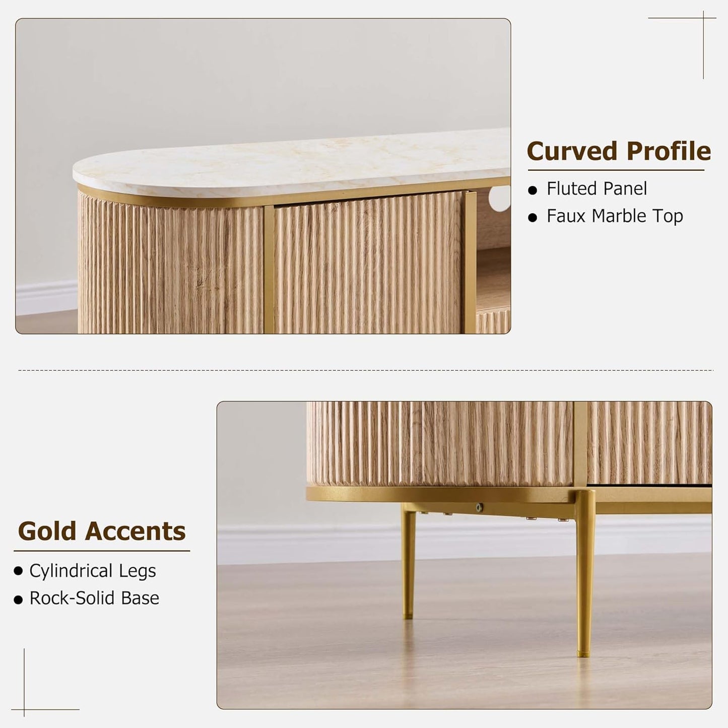 OKD Luxury 70" Fluted TV Stand, Modern Chic Entertainment Center for TVs Up to 80 inches, TV Console with Faux Marble Top, Curved Profile Design, Media Console for Living Room, Natural Oak