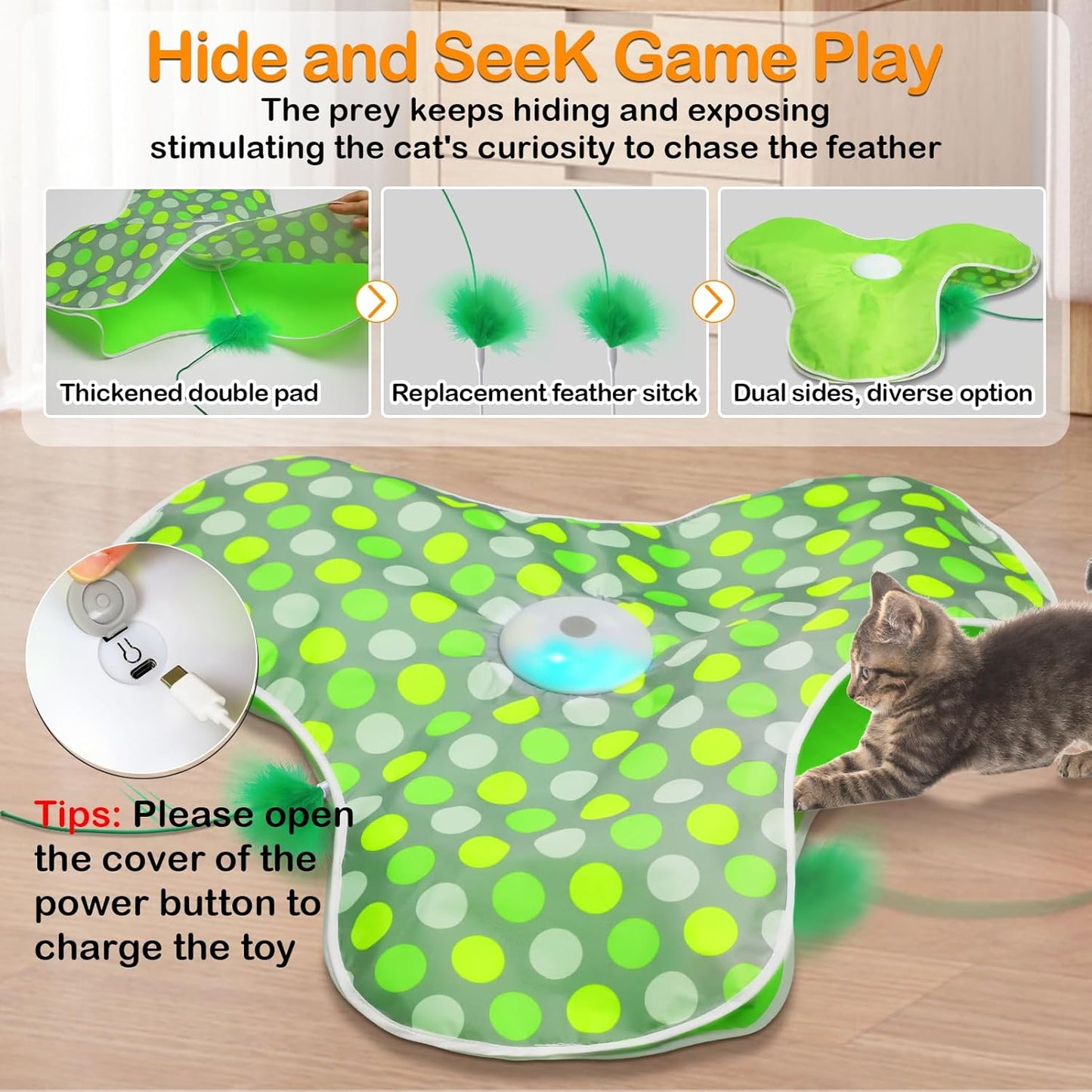 Interactive Cat Toys Rechargeable,Moving Concealed Feathers,Real Mouse Squeaky,Touch Activated Cat Kitten Toy Exercise Toys for Indoor Bored Adult Cats