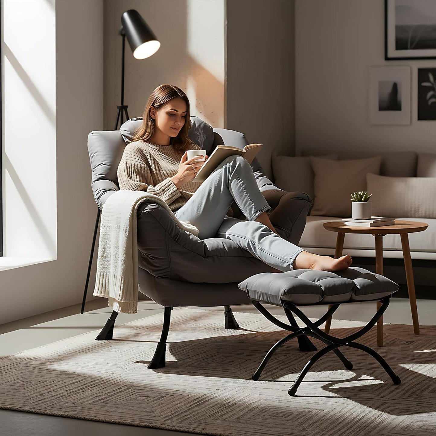 Welnow Lazy Chair with Ottoman, Modern Lounge Accent Chair with Armrests and a Side Pocket, Leisure Sofa Armchair, Reading Armchair with Footrest for Small Space, Dark Grey