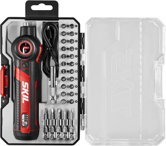 SKIL Twist 2.0 Rechargeable 4V Screwdriver with Pivoting Head, Torque Setting, USB-C Charging Cable, 28 PC Bit Set & Carrying Case- SD5619-02