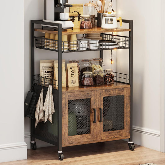 Coffee Bar Cabinet, 3 Tier Coffee Station Table on Wheels, 35.9" H Bar Cart with Wire Basket Drawer & 5 Hooks for Home Kitchen, Liquor Buffet Sideboard Cabinet (Rustic Brown)