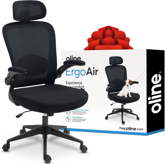 Oline ErgoAir Ergonomic Office Chair – Adjustable Lumbar Support, Flip-Up Armrests, Mesh Computer Desk Chair, Swivel Rolling Executive Gaming Chair for Home & Office (Black)