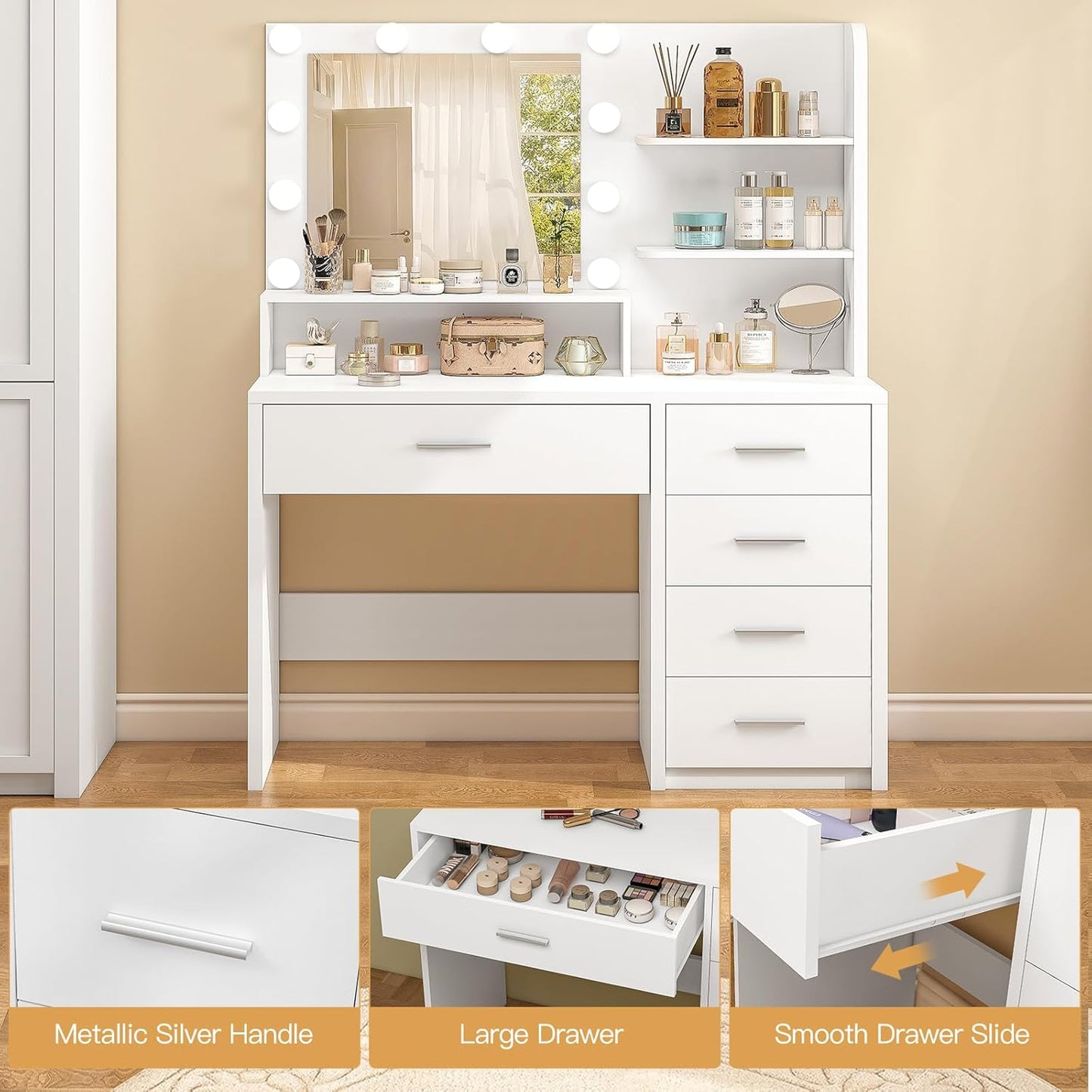 Quimoo Vanity Desk with Mirror & Lights, Makeup Vanity with 5 Drawers & Storage Shelves, White Vanity Table, 3 Color Modes & Adjustable Brightness, Dressing Table, Bedroom