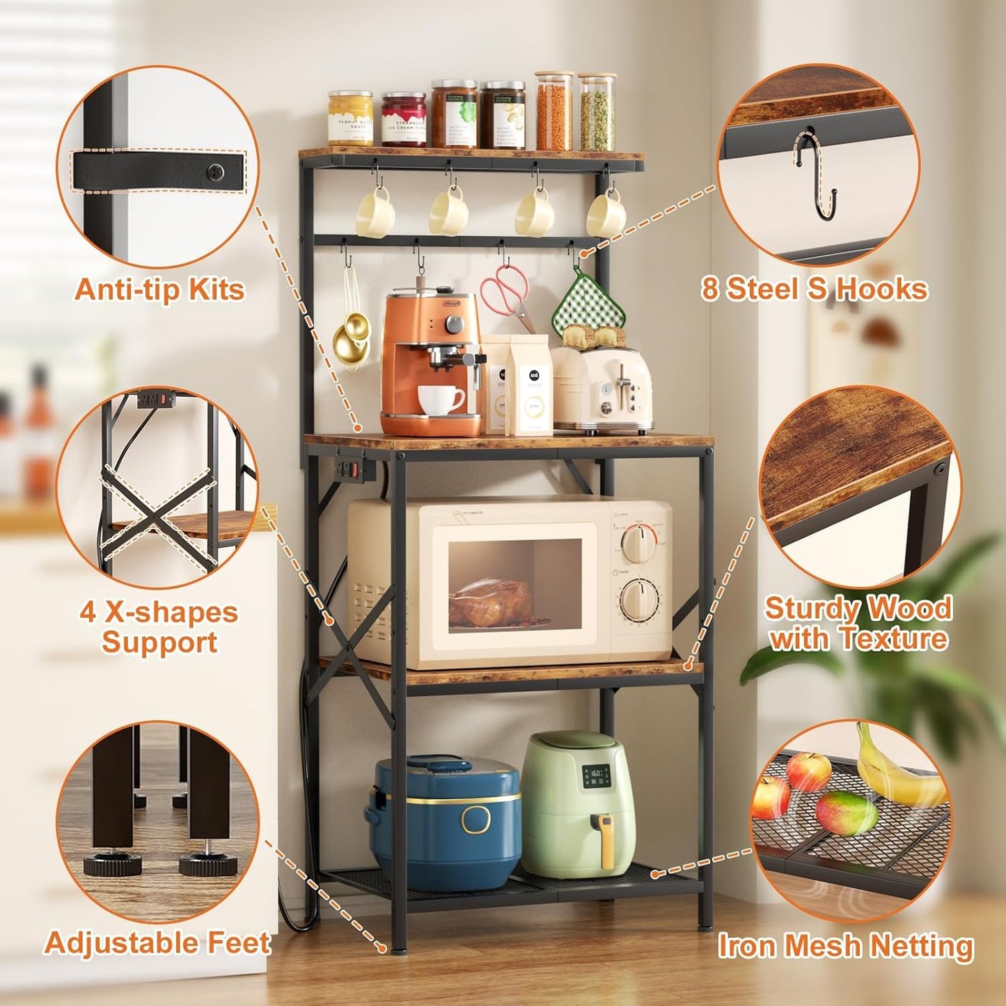 Kitchen Bakers Rack with Power Outlet, Coffee Bar Table 4 Tiers, Microwave Stand with 8 Hooks, Coffee Station and Organizer, Kitchen Storage Shelves Rack for Spices, Pots, Black