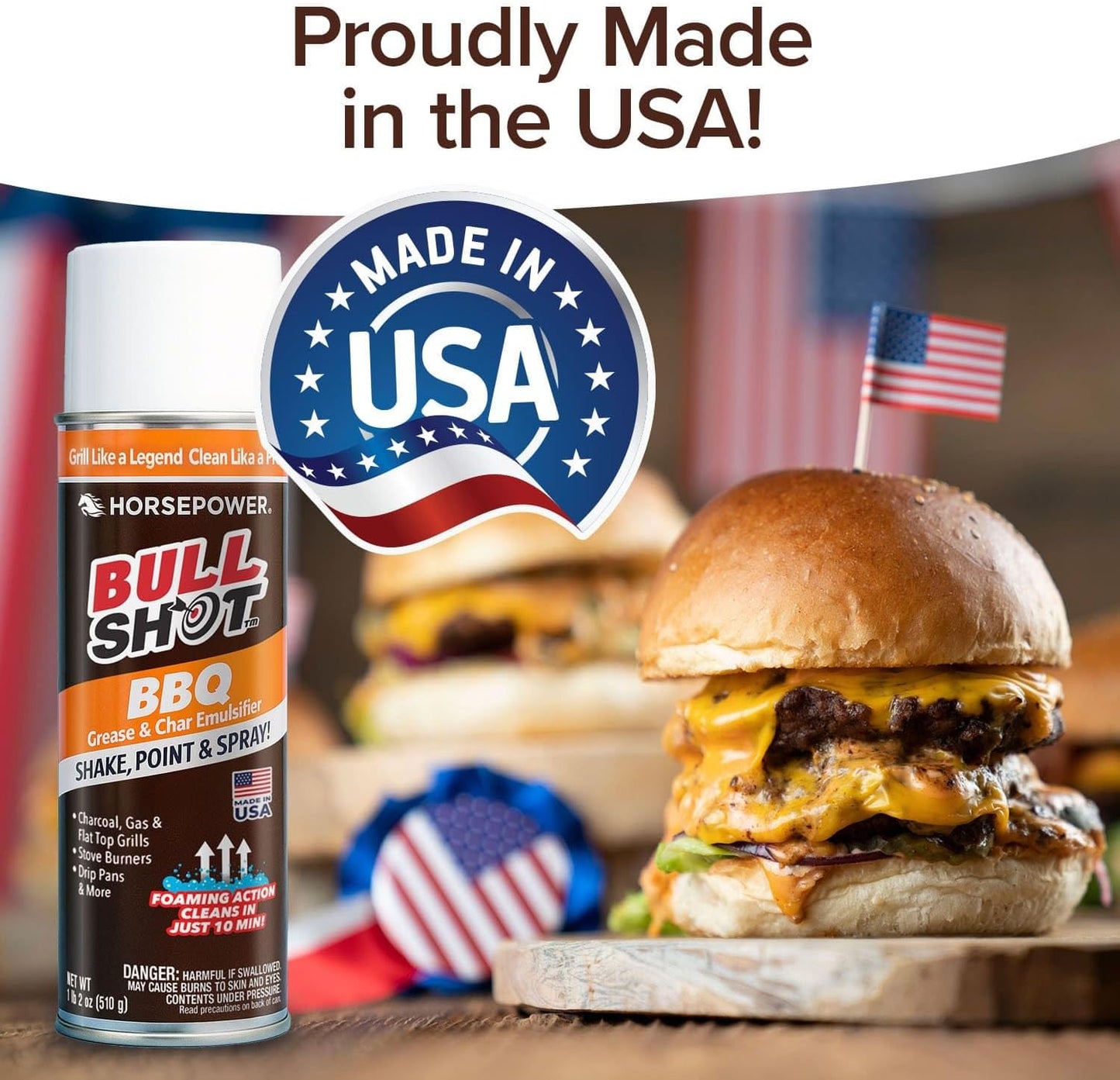 Horsepower Bull Shot BBQ Grill Cleaner, Super-Concentrated, Foaming Action Cleans in Just 10 Min, AS SEEN ON TV, Made in the USA, Emulsifies Grease and Char on Charcoal, Gas, Flat Top Grills & More