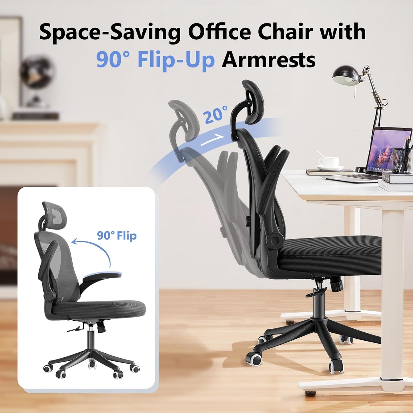 Computer Desk Chair, Ergonomic Office Chair M903 with Wheels, High Back Mesh Office Chair with Adjustable Lumbar Support, Headrest, Flip-Up Armrests, Black