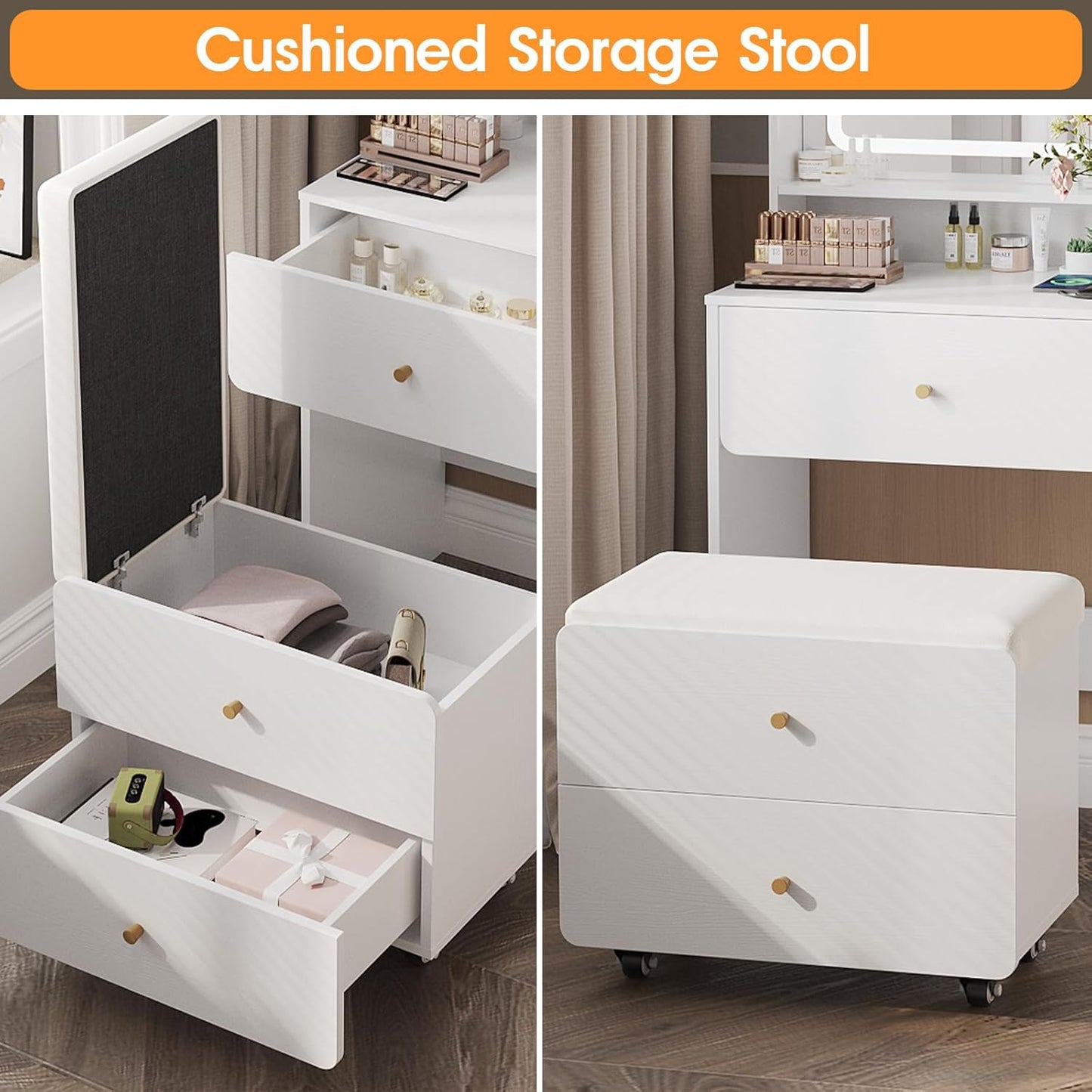 Vabches Make Up Vanity Desk with Mirror and Lights, White Vanity Table Set with Charger Station,Girls Small Vanity and Storage Chair