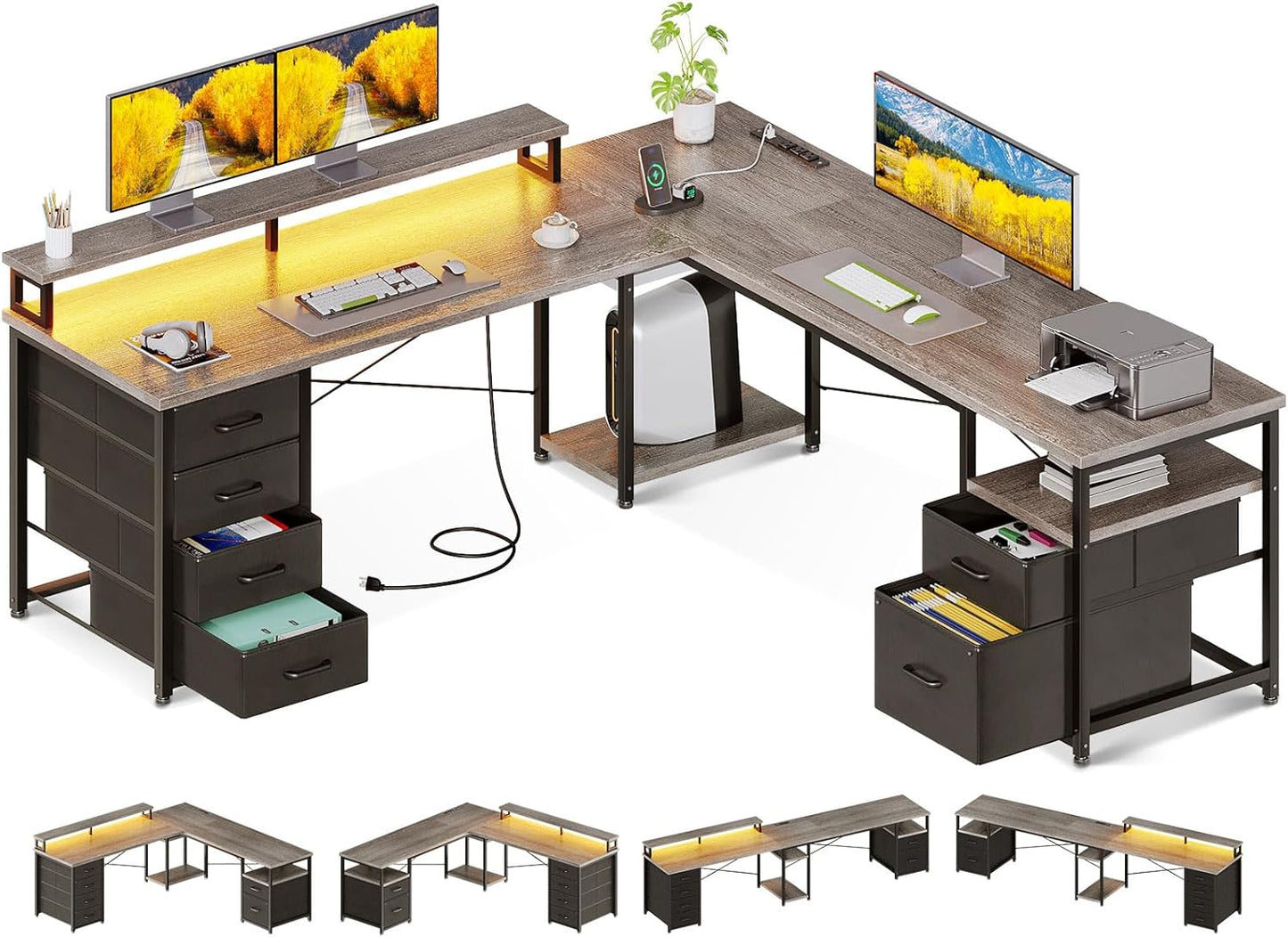 AODK 66" L Shaped Desk, 113" Computer Desk with File Cabinet & 4 Fabric Drawers, Home Office Desk with Monitor Shelf & Power Outlet, Two Person Desk or Corner Desk, Gaming Table with LED Light, Grey