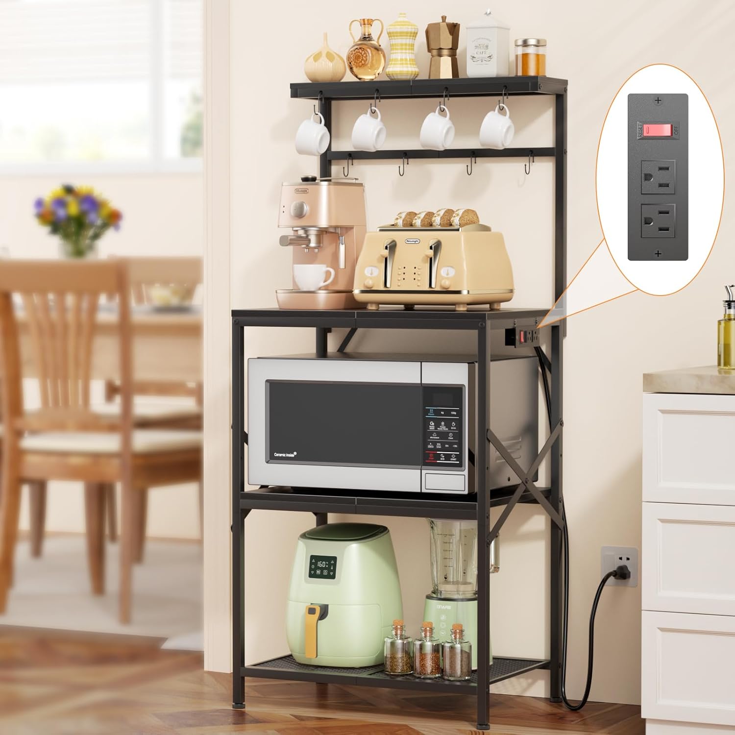 Kitchen Bakers Rack with Power Outlet, Coffee Bar Table 4 Tiers, Microwave Stand with 8 Hooks, Coffee Station and Organizer, Kitchen Storage Shelves Rack for Spices, Pots, Black