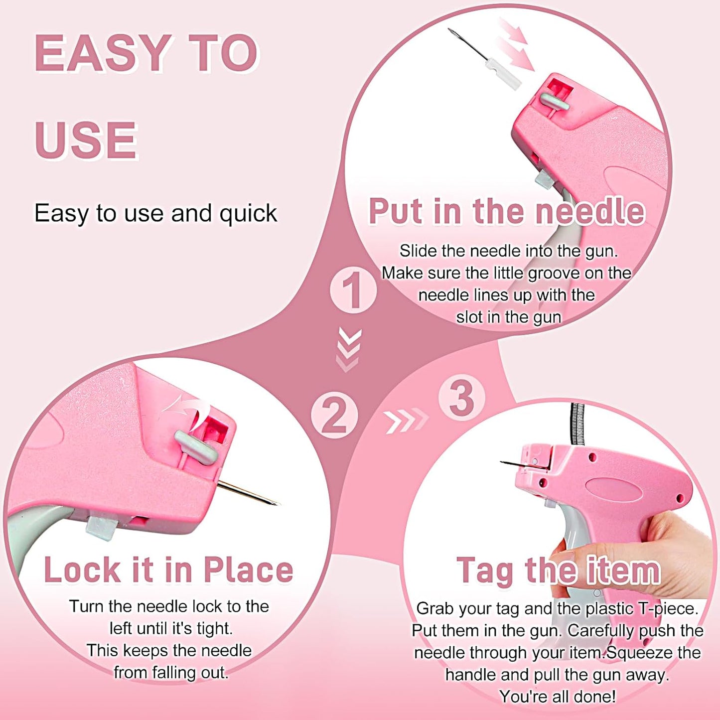 Stitch Gun for Clothes， Handheld Stitch Gun Quick Clothing Fixer，Sewing Kit Includes 1,000 Black Fasteners & 1,000 White Fasteners & 6 Needles，Tagging Gun（Pink）