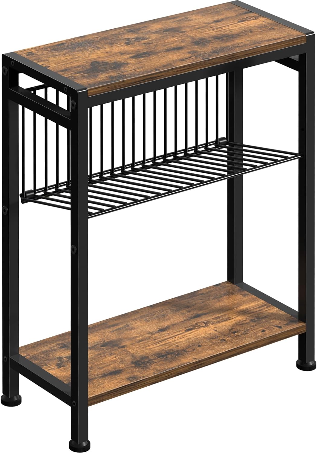 Small Side Table for Small Space, 3-Tier Narrow End Table with Magazine Holder,Slim Nightstand, Skinny Snack Couch Table in Living Room, Bedroom Study and Balcony (Rustic Brown &Black)