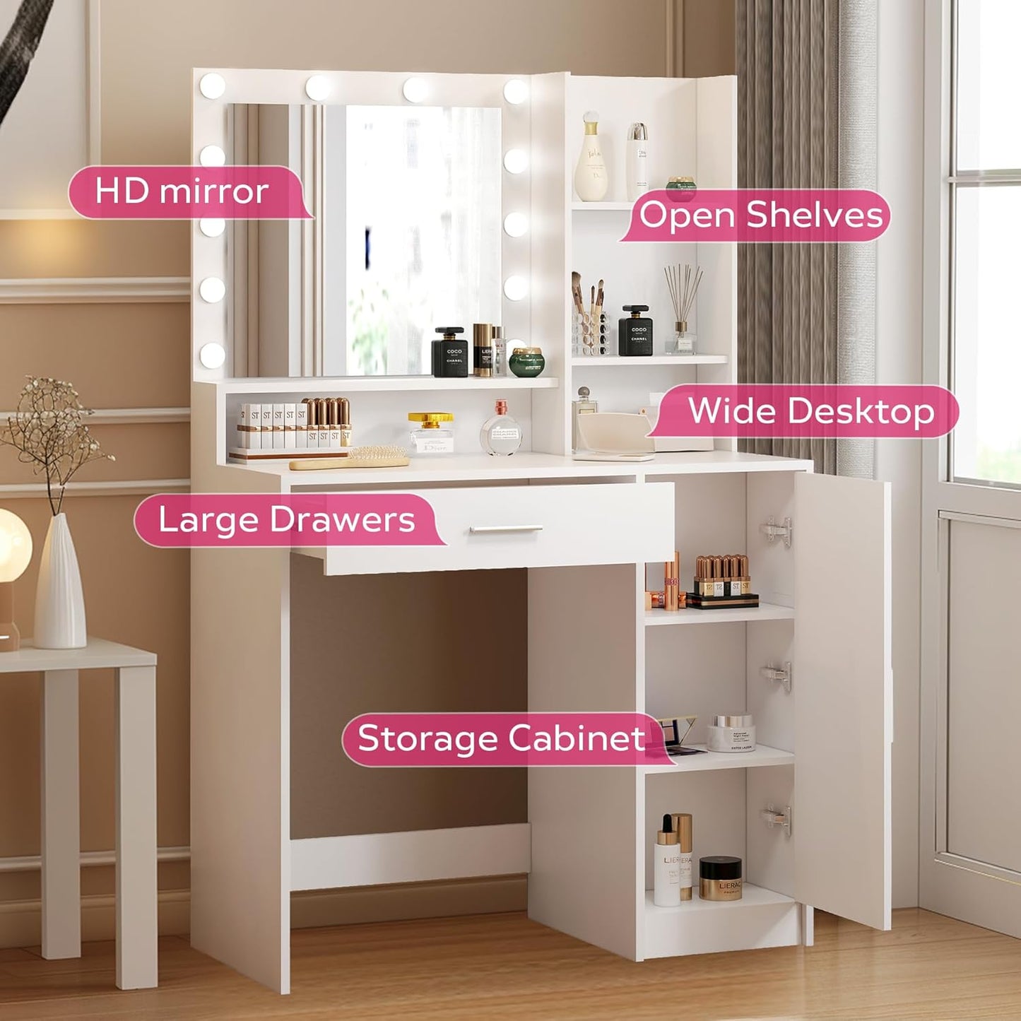 Vanity Desk with Mirror and Light, Large Drawer and Three Level Storage Dresser, 3 Lighting Modes Adjustable Brightness, Bedroom Dressing Table (White)