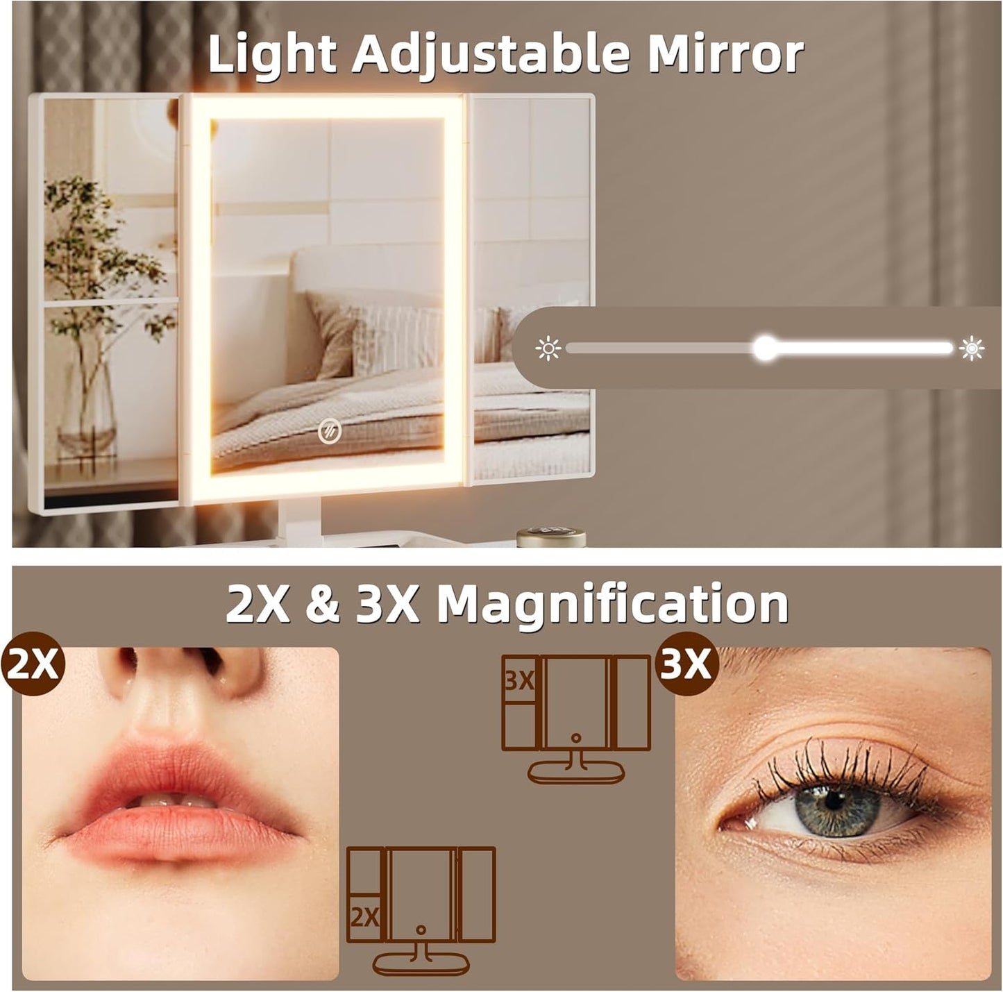 Small Makeup Vanity Desk 27.5''W with Mirror and Lights, Vanity Desk with 3 Fabric Drawers and Height-Adjustable Stand, Vanity Table for Girls Gifts, Bedroom and Small Spaces, White