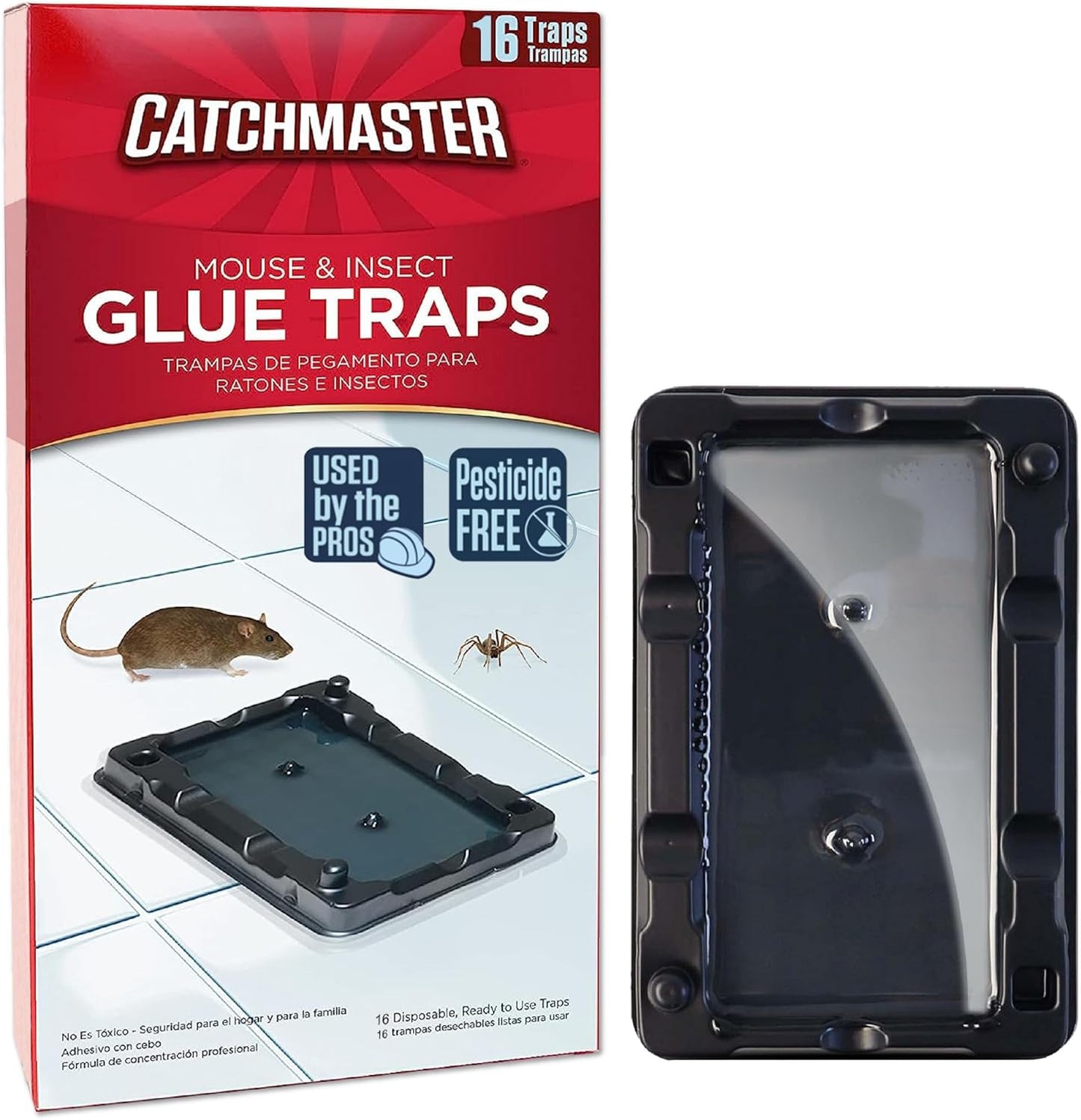 Catchmaster-16 Mouse & Insect Glue Traps, Heavy-Duty Pesticide-Free Sticky Mouse Traps Indoor for Home, Used by The PROs, Adhesive Rodent & Bug Catcher, Pest Control for House & Garage