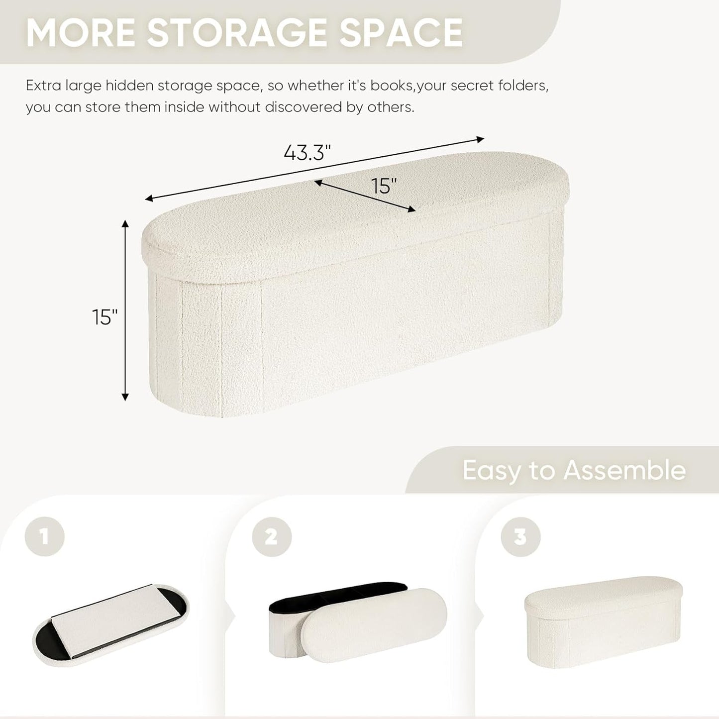 B FSOBEIIALEO Ottoman with Storage for Living Room, Sherpa Folding Storage Ottoman Foot Rest, 43.3 Inches Collapsible Bedroom Bench White