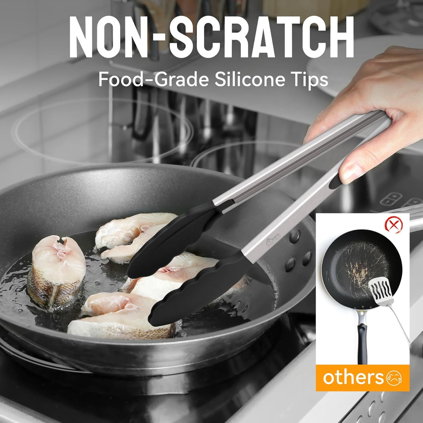 HOTEC Premium Stainless Steel Locking Kitchen Tongs with Silicon Tips, Set of 2-9" and 12"