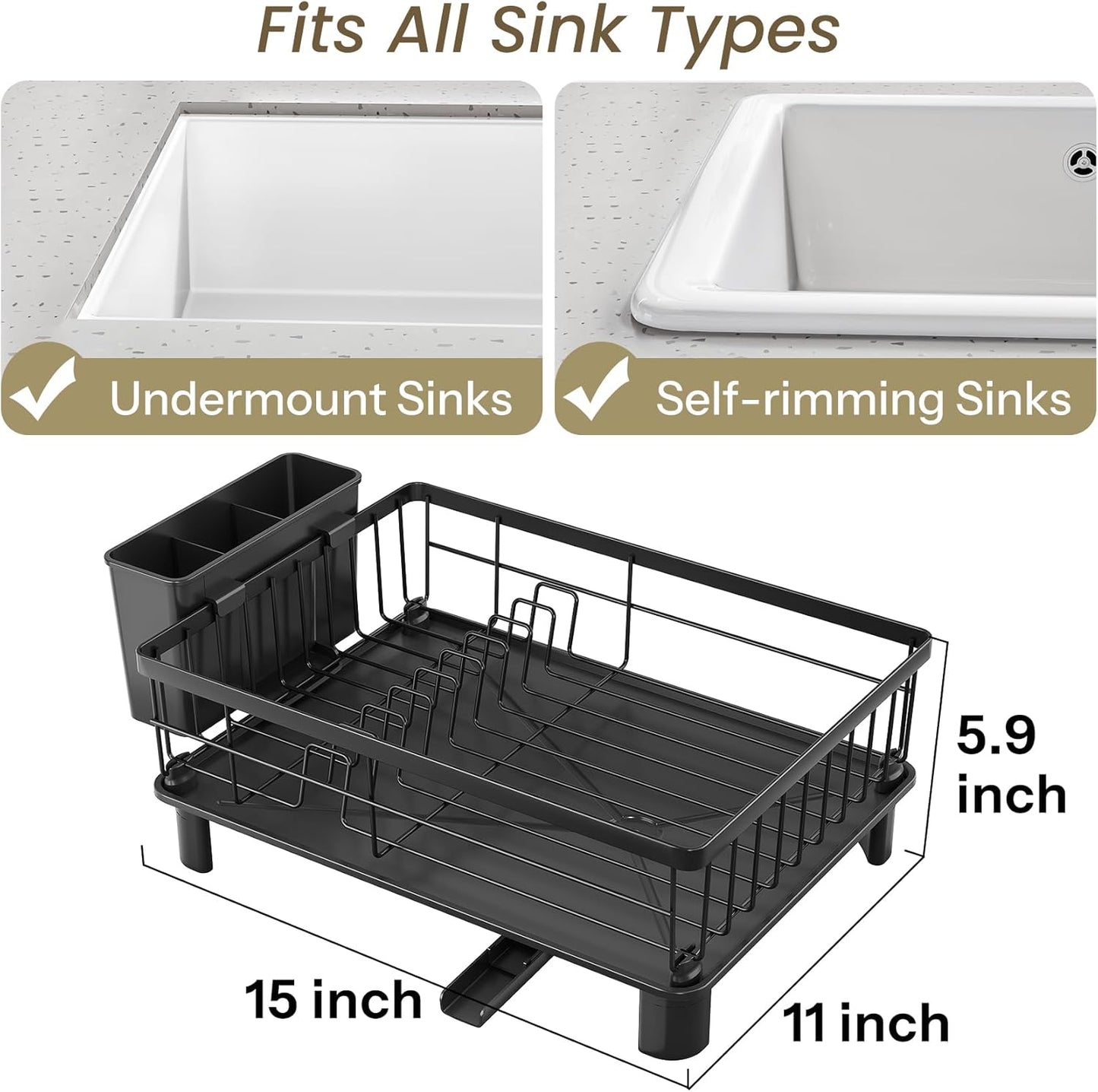 SNTD Dish Drying Rack - Small Dish Rack for Kitchen Counter, Stainless Steel Dish Drainer with Utensil Holder and Drainboard, 11" W x 15" L (Black)