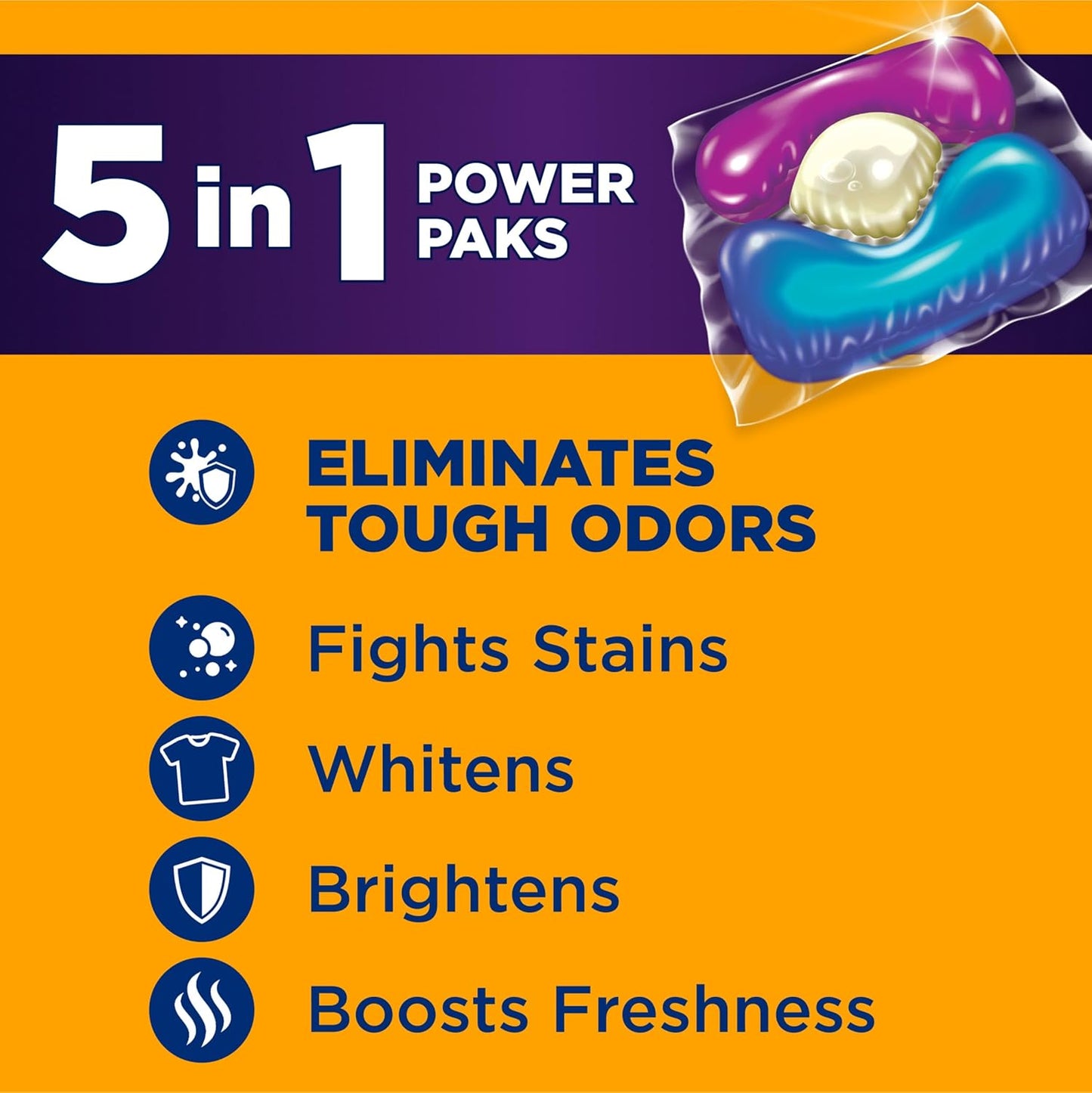 ARM & HAMMER Plus OxiClean with Odor Blasters 5-in-1 Laundry Detergent Power Paks, Laundry Odor Remover, Eliminates Odors, Attacks Stains, Fresh Burst Scent, 42 Count