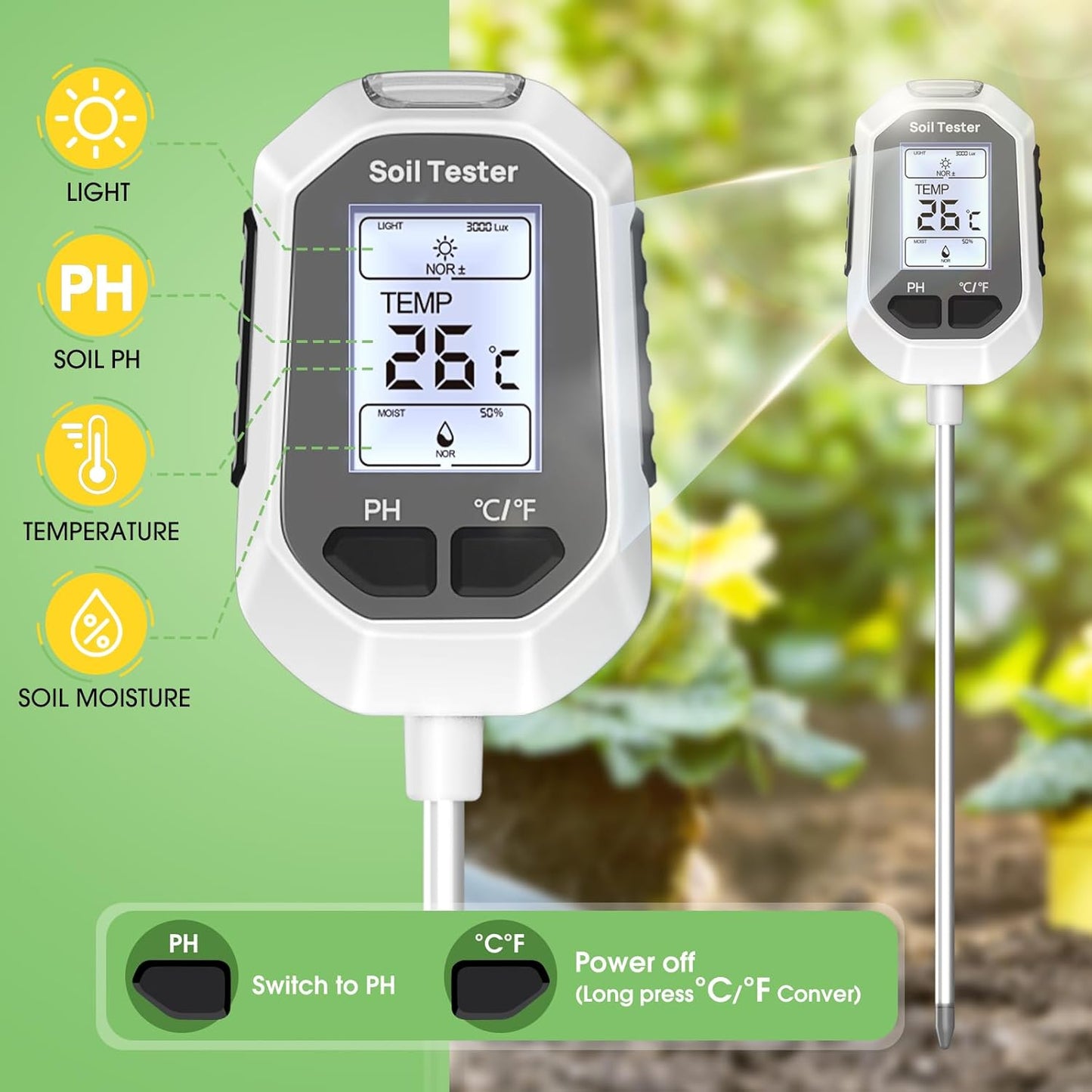 4-in-1 Soil Moisture Meter Digital Plant Temperature/Soil Moisture/PH Meter/Sunlight Intensity Backlight LCD Display Soil Test Meter for Gardening, Farming and Outdoor Plants