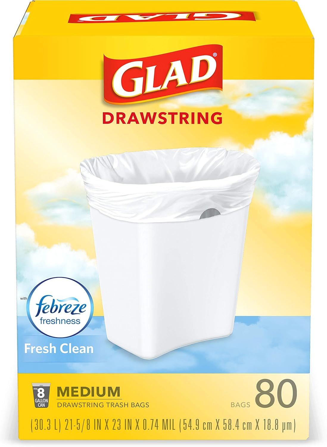 Glad Medium Kitchen Drawstring Trash Bags, 8 Gal, Fresh Clean Scent, 80 Ct (Package May Vary)