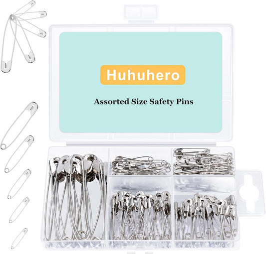 Huhuhero 160Pcs Safety Pins, Large & Small Safety Pins for Clothes Sewing Craft, Nickel Plated Steel Assorted Size Pins Bulk, Art and Craft Supplies (Sliver)