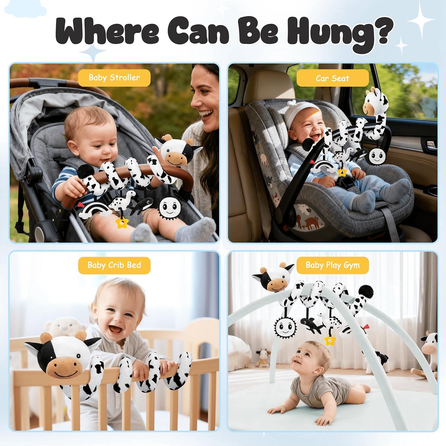 Spiral Car Seat Baby Toys 0-6 Months, Infant Carseat High Contrast Sensory Toys Hanging Stroller Accessories, Newborn Shower Gifts for Baby Boys Essentials Stuff, Cute Black and White Cow
