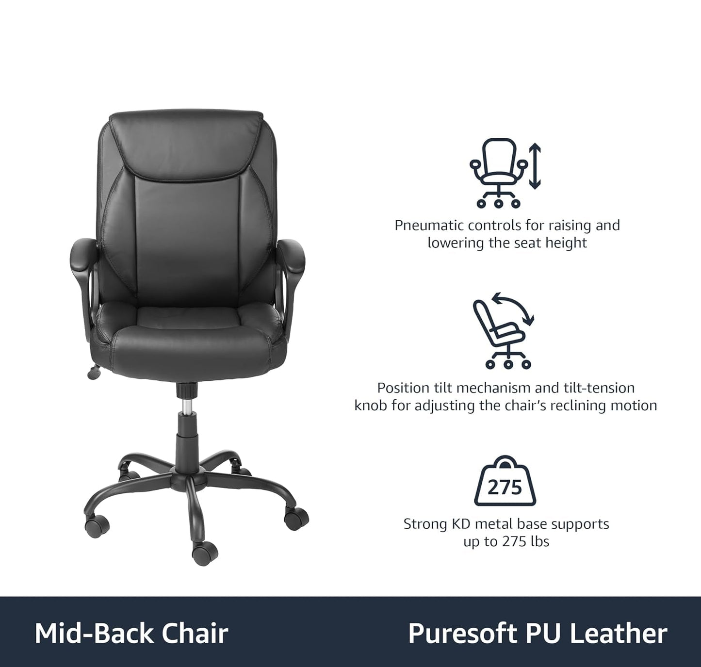 Puresoft PU Padded Mid-Back Height Adjustable Office Computer Desk Chair with Armrest, 26"D x 23.75"W x 42"H, Black