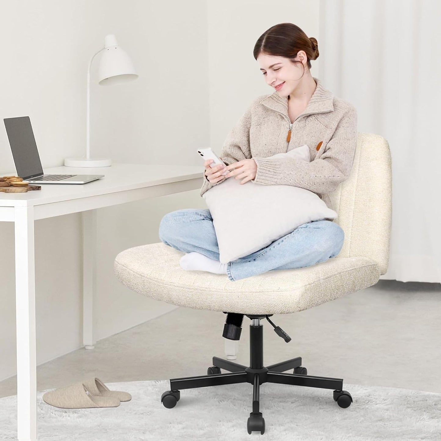 Orange Factory Criss Cross Chair Wheels Wide Cross Legged Office Desk Vanity Chair Comfy Fabric Armless Adjustable Swivel for Home Computer Task (Beige)