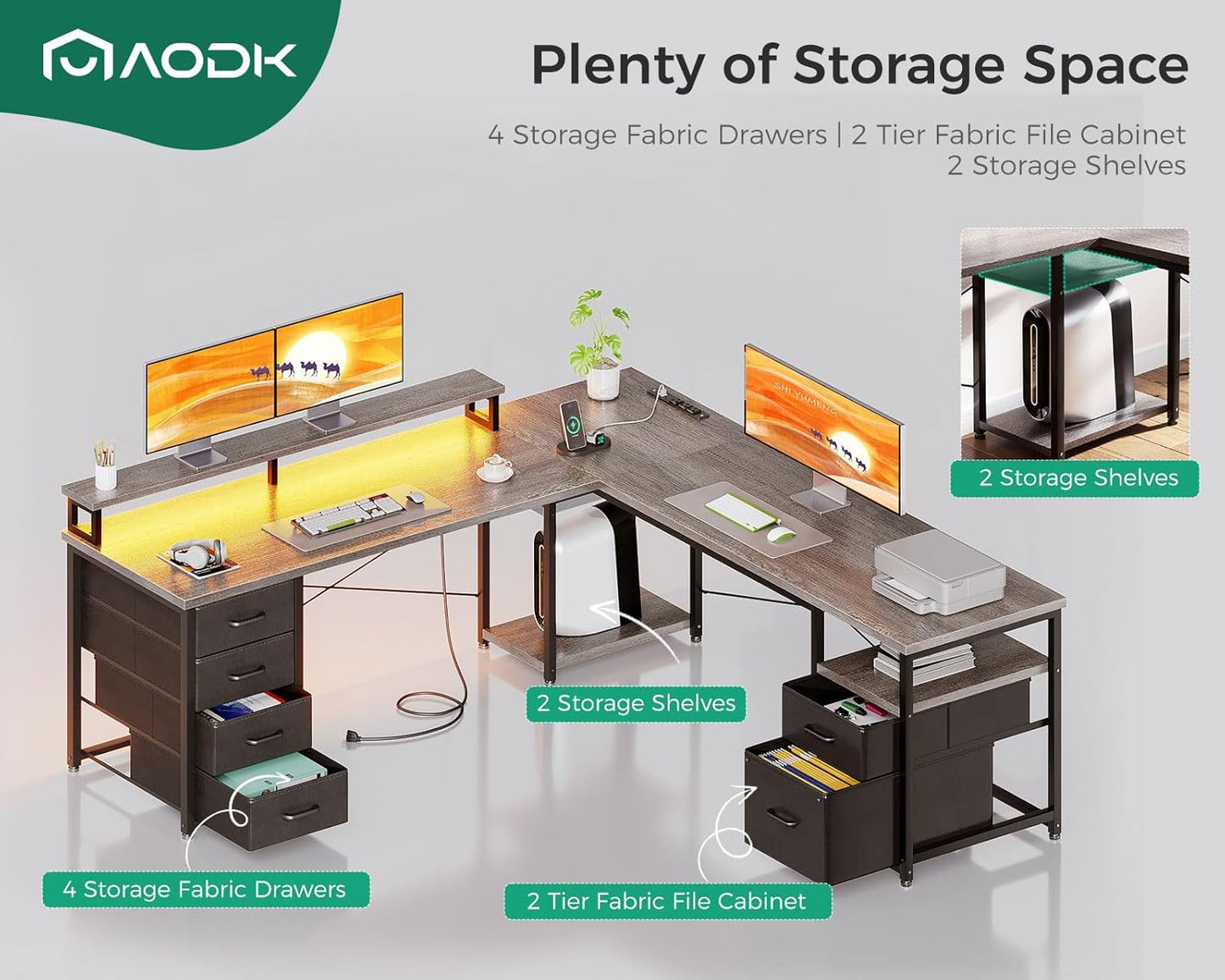 AODK 66" L Shaped Desk, 113" Computer Desk with File Cabinet & 4 Fabric Drawers, Home Office Desk with Monitor Shelf & Power Outlet, Two Person Desk or Corner Desk, Gaming Table with LED Light, Grey