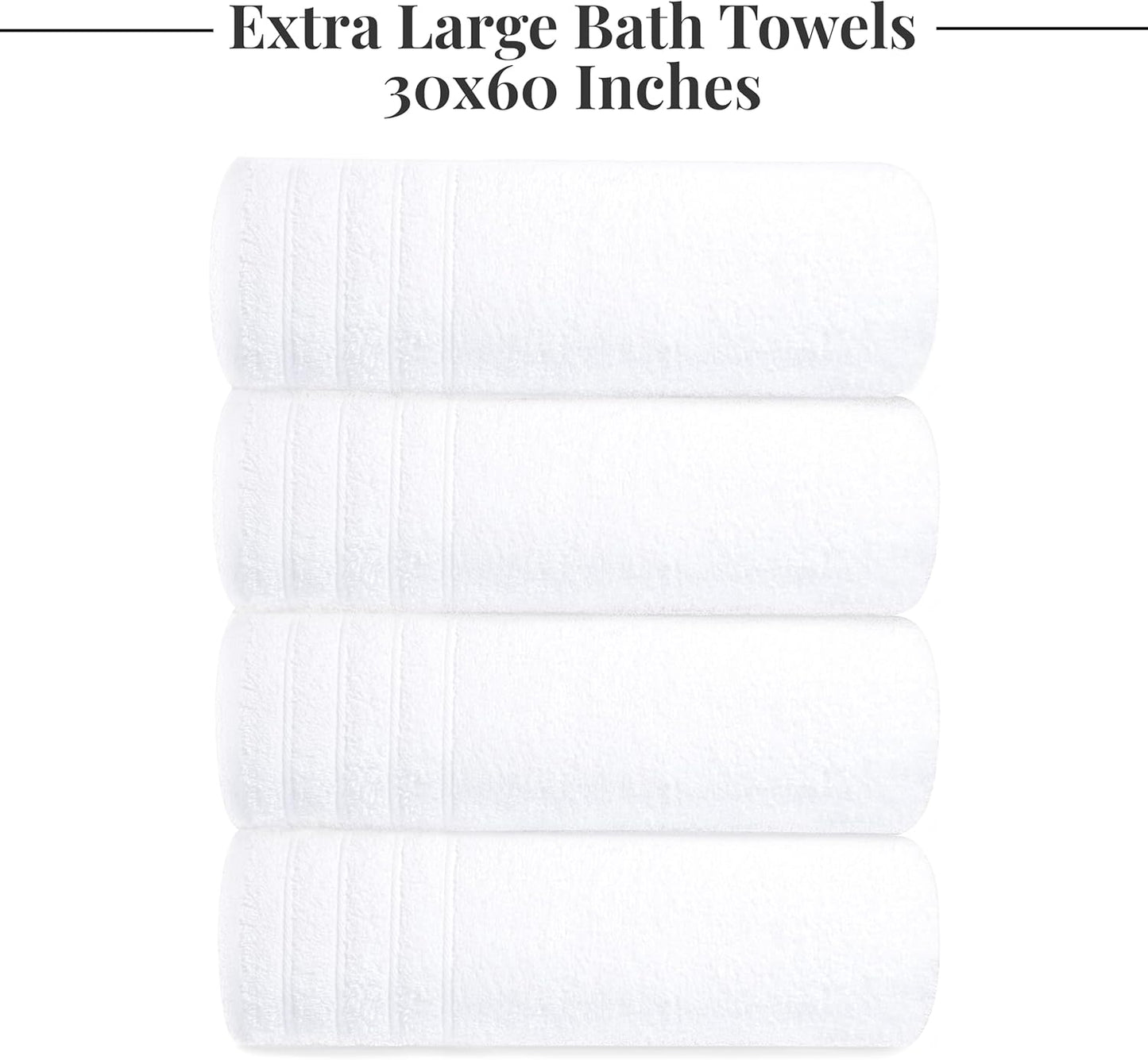 Tens Towels Pack of 4 Extra Large Bath Towels 30 x 60 Inches, 100% Cotton, Larger & Lighter Weight, Quicker to Dry, Super Soft and Absorbent, Perfect for Bathroom, White
