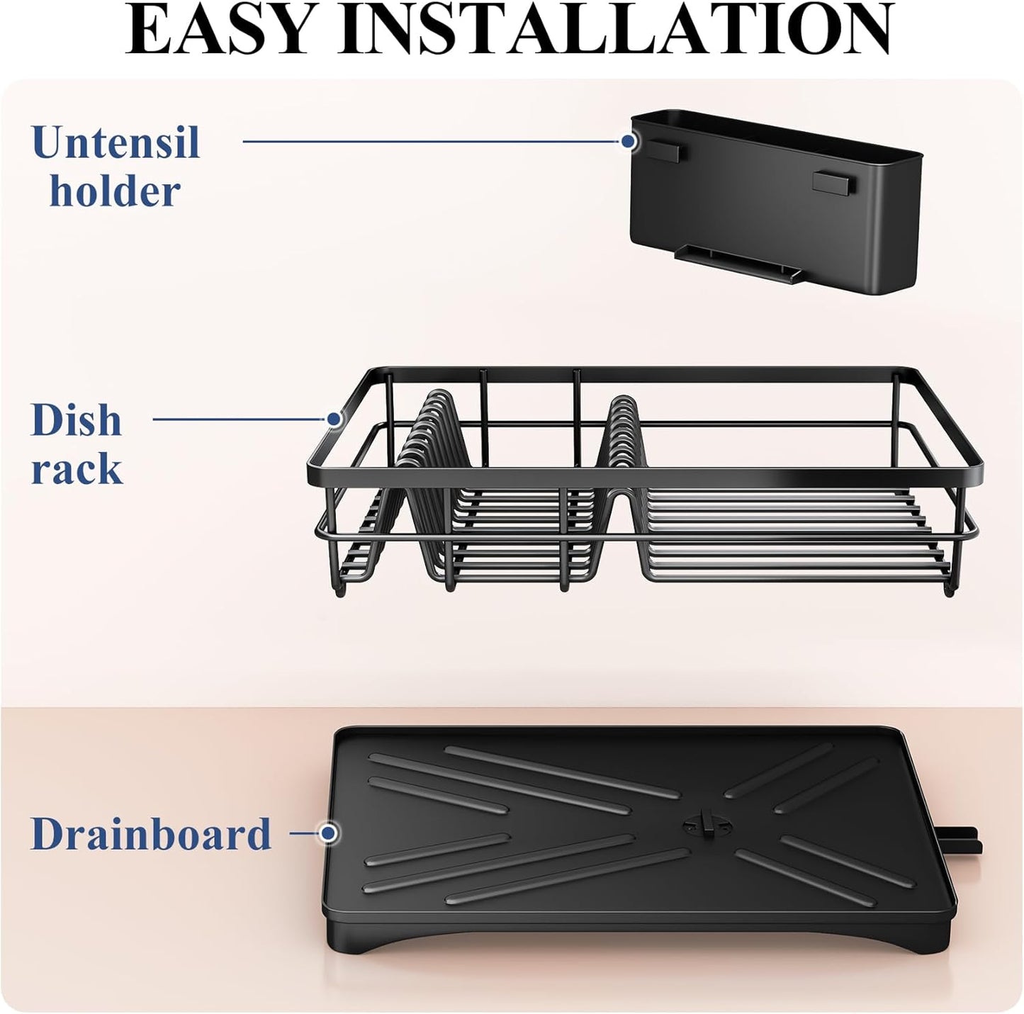 SNTD Dish Drying Rack for Kitchen Counter - Large Dish Rack with Drainboard, Rustproof Dish Drainer with Utensil Holder for Sink, Black