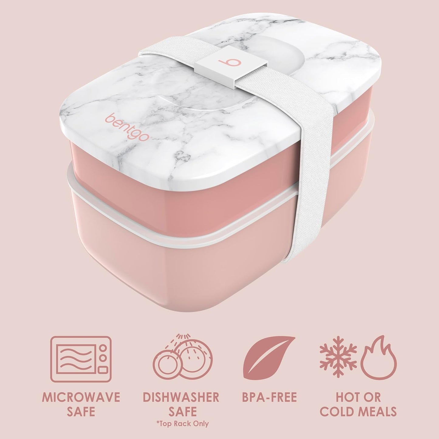 Bentgo Classic - Adult Bento Box, Stackable 3-Compartment Lunch Box with Removable Utensil Set and Sealing Strap, BPA-Free, Food Container Ideal for Meal Prep, Work, and On the Go (Blush Marble)