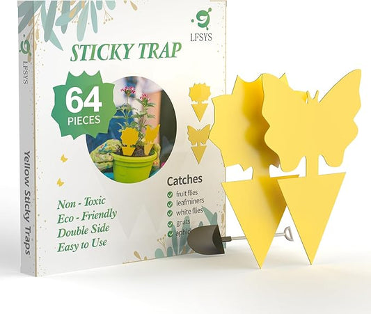 64 Pcs Sticky Trapz for gnat, Yellow Stick Traps for Plants, Fungus gnat Traps Double Side with Shovel, Indoor Safe for Gnat, Fruit Fly, White Fly, Aphid, Leaf Miner - Cart Shape