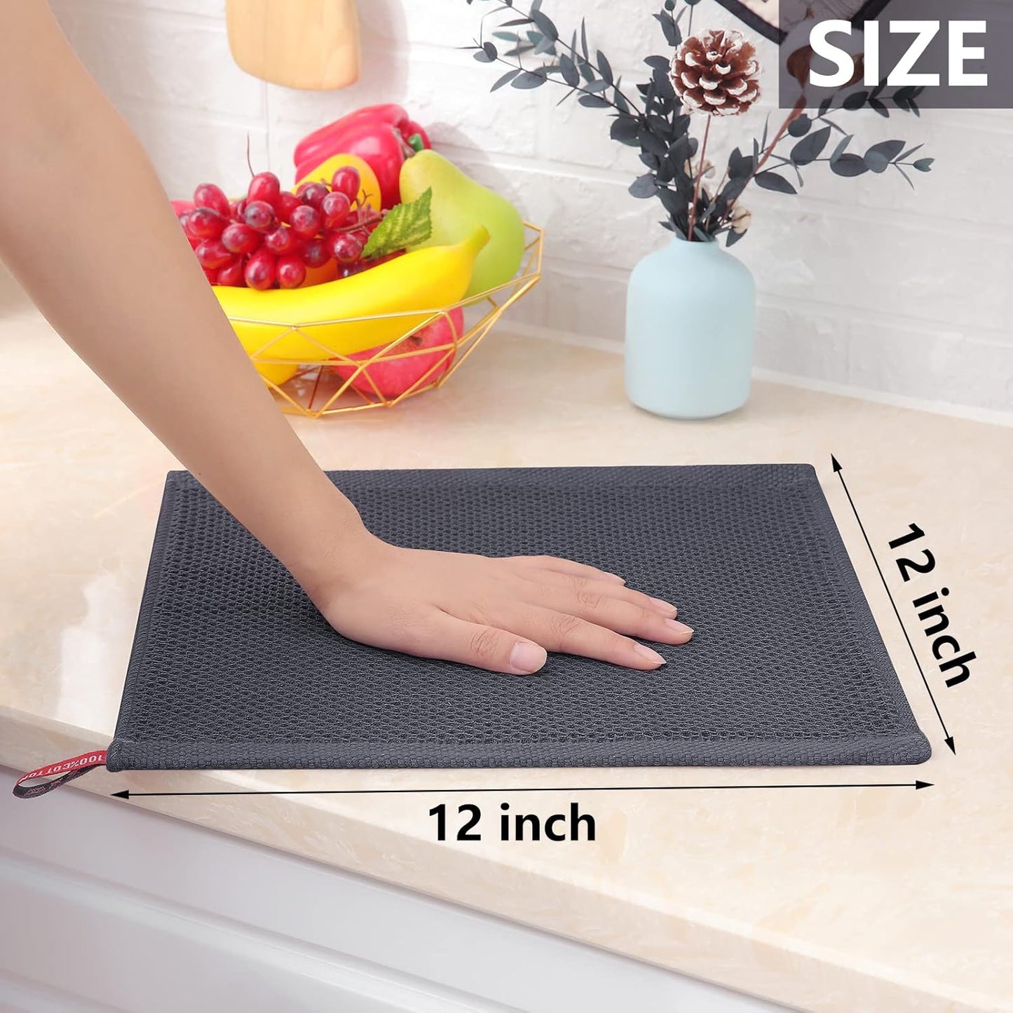 Homaxy 100% Cotton Waffle Weave Kitchen Dish Cloths, Ultra Soft Absorbent Quick Drying Dish Towels, 12 x 12 Inches, 6-Pack, Dark Grey