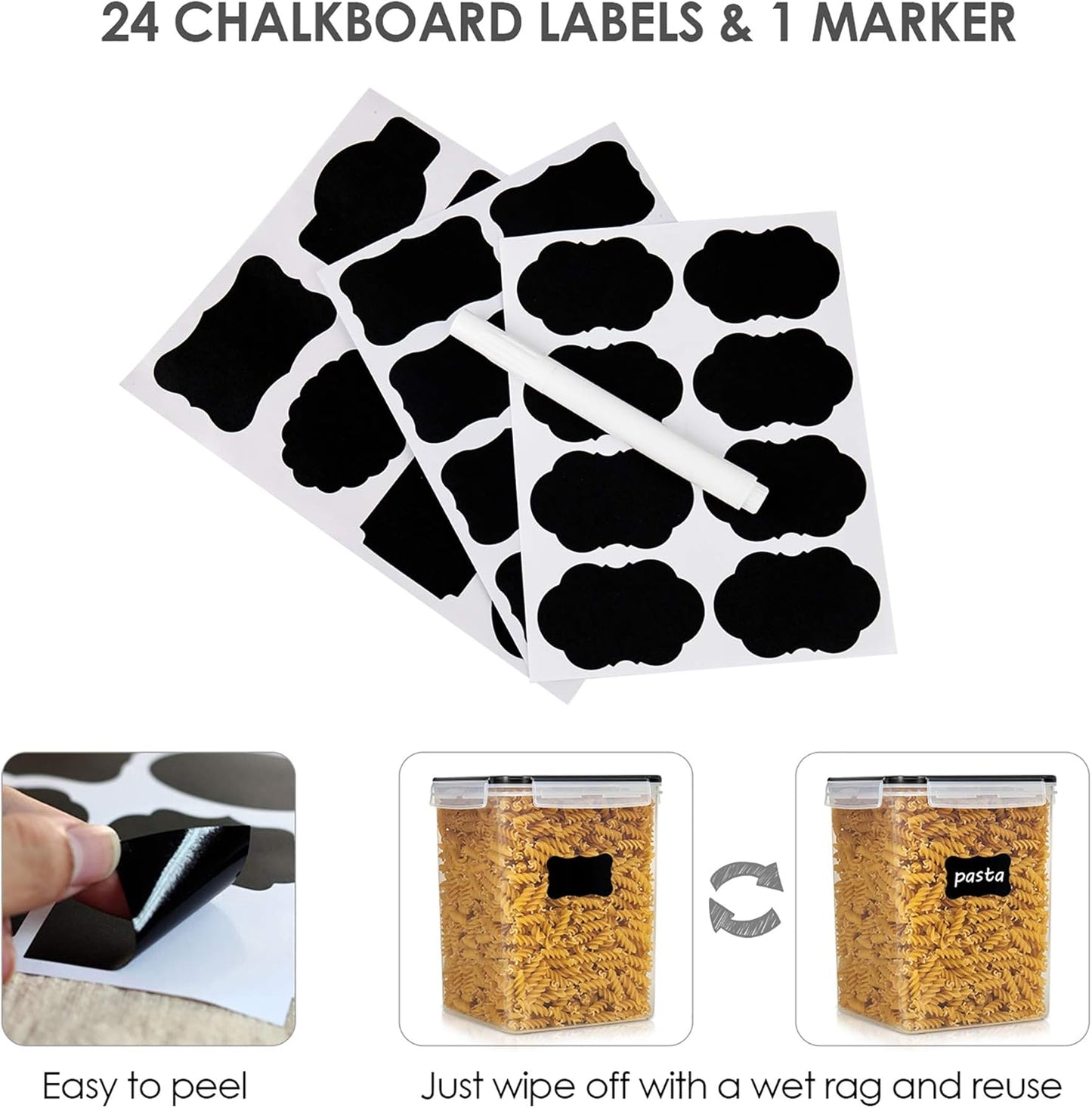 Vtopmart 4 PCS Large Food Storage Containers 5.2L / 175oz, 4 Pieces BPA Free Plastic Airtight Canisters for Flour, Sugar, Baking Supplies, Rice with Lids, 4 Measuring Cups and 24 Labels, Black