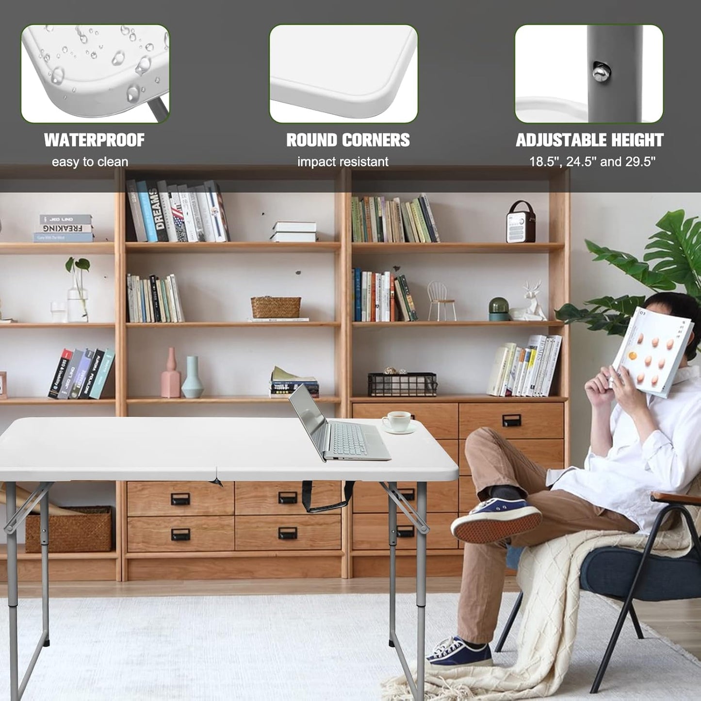 Folding Table 4 Foot Portable Heavy Duty Plastic Fold-in-Half Utility Table Small Indoor Outdoor Adjustable Height Folding with Carrying Handle, Camping and Party,White