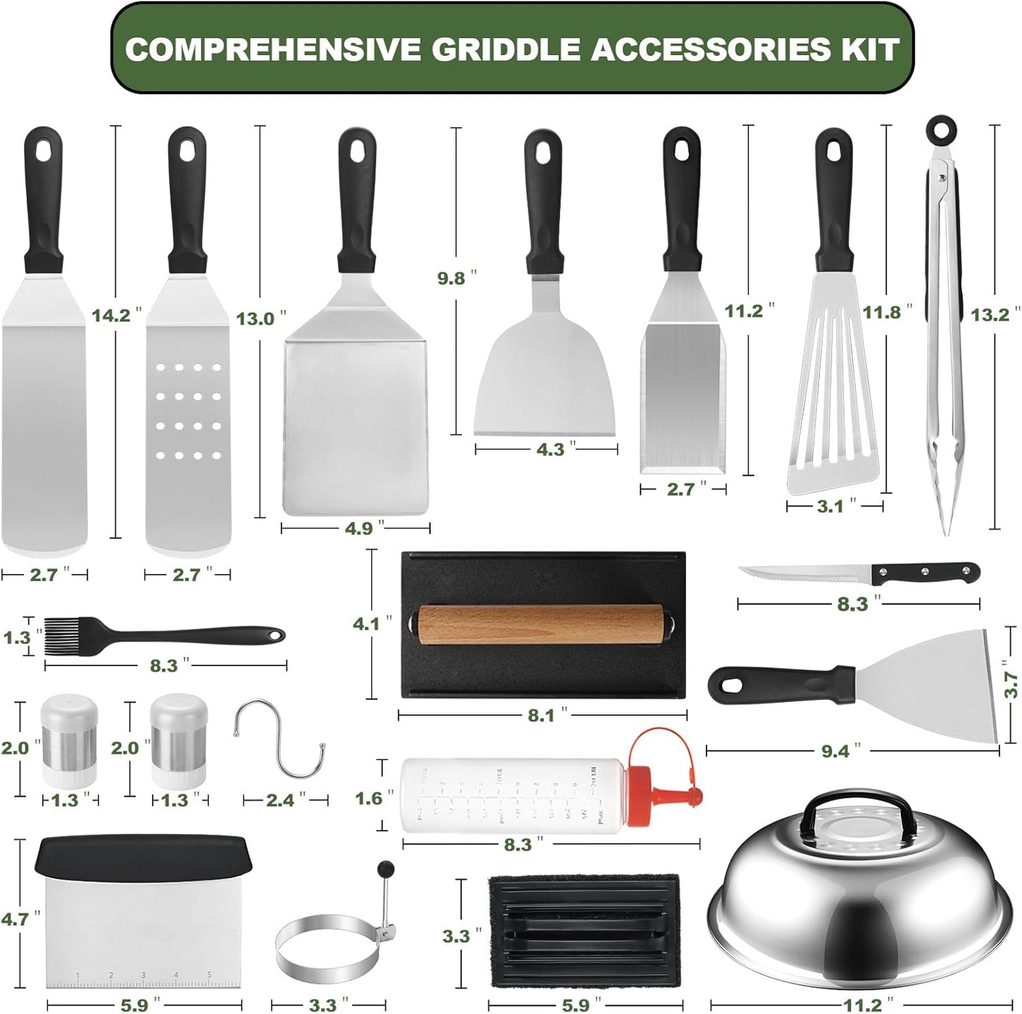 35PCS Griddle Accessories Kit, Flat Top Grill Accessories Set for Blackstone and Camp Chef, Grill Spatula Set with Enlarged Spatulas, Basting Cover, Scraper for Outdoor Barbecue