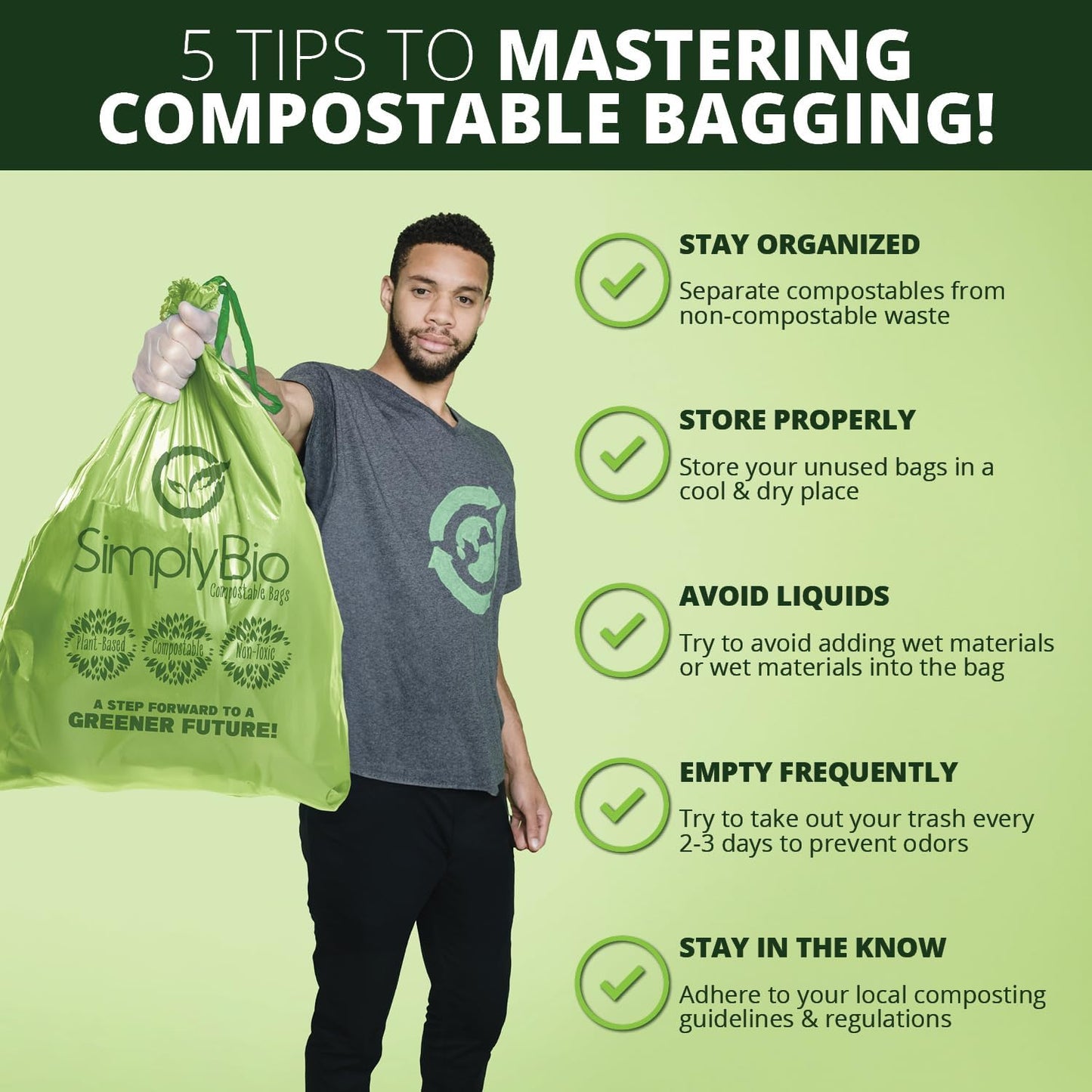 Simply Bio 13 Gallon Compostable Trash Bags Liners Drawstring, Heavy Duty Extra Thick 1 Mil, 49.21 Liter, 30 Bags, Tall Kitchen Food Scrap Waste Bag, ASTM D6400, US BPI and OK Compost Home Certified