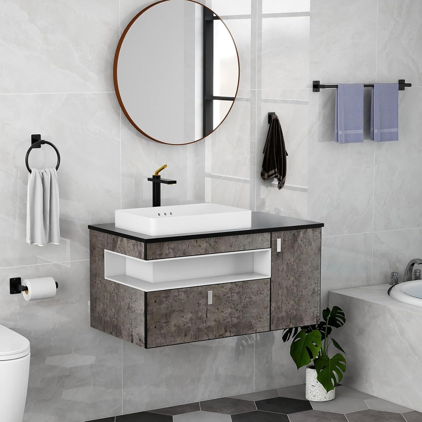 Matte Black Bathroom Accessories Set, KLJKPA 4 Pieces Bathroom Hardware Set, 24 inch Towel Bar, Towel Racks for Bathroom, Robe Towel Hooks, Toilet Paper Holder Wall Mounted