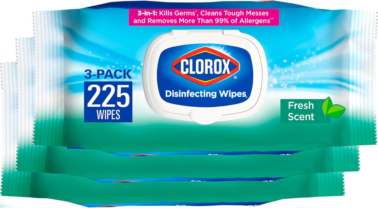 Clorox Disinfecting Wipes, Bleach Free Cleaning Wipes, Household Essentials, Dorm Room Essentials, Fresh Scent, Moisture Seal Lid, 75 Wipes, Pack of 3 (New Packaging)