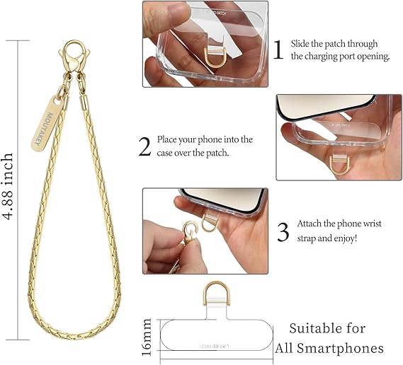 Phone Wrist Strap Metal Phone Chain Wristlet Strap Detachable iPhone Lanyard Wrist with 2 Tether Tabs iPhone Charm strap For Women girls Shopping Traveling Party Walking