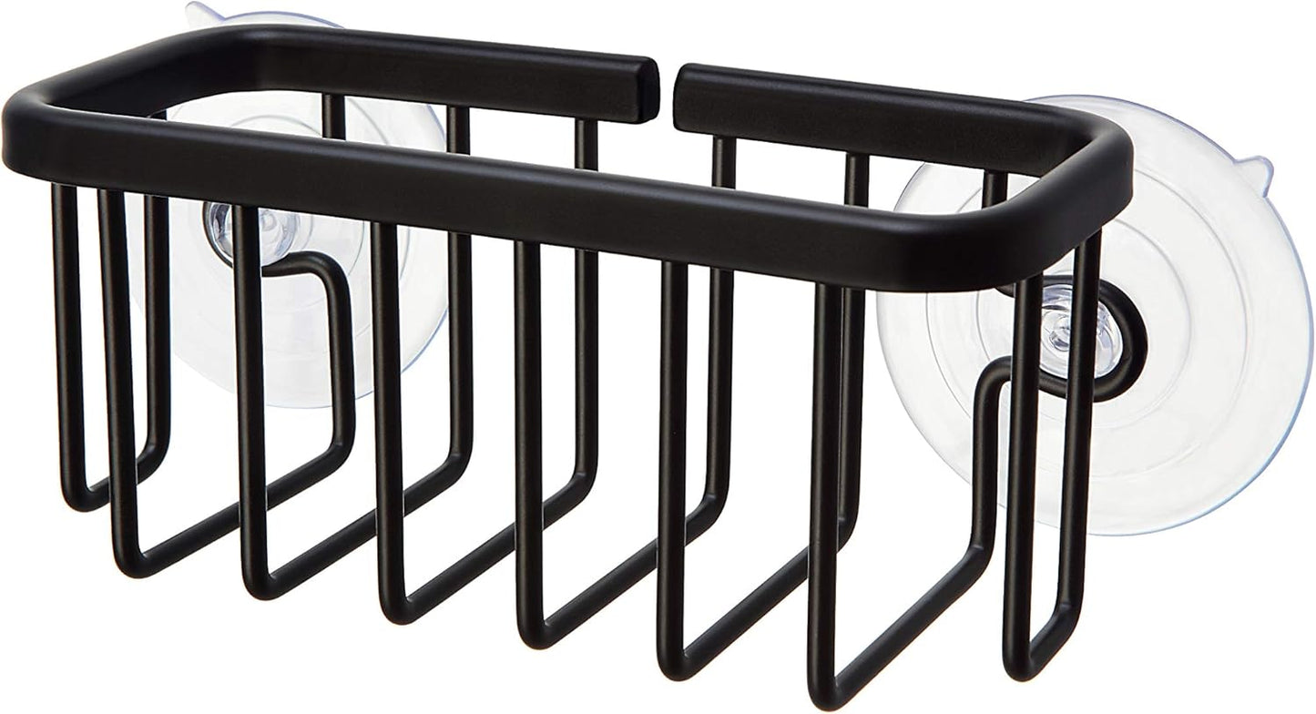 SunnyPoint NeverRust Kitchen & Bathroom Sink Caddy for Sponges, Scrubbers, Soap, 6" x 2.5" x 2.75", with Adhesive Mount - Additional Suction Cup Included –Aluminum (Black)