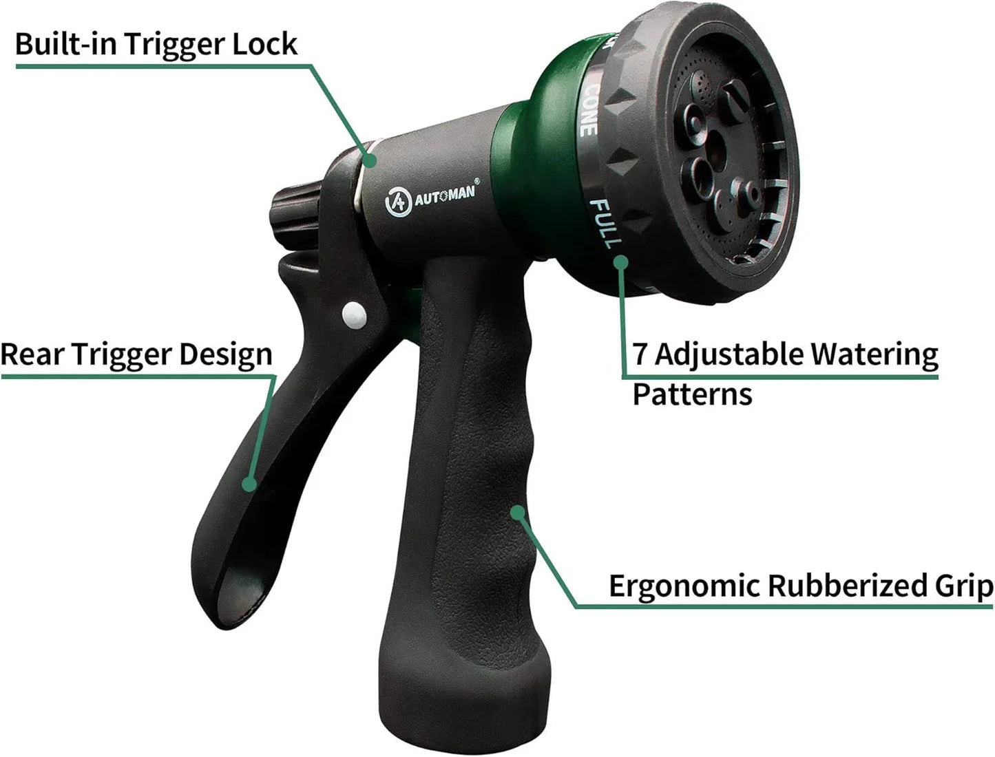 ABS Garden Hose Nozzle with 7 Spray Patterns, Slip-Resistant for All Uses - Cart Shape