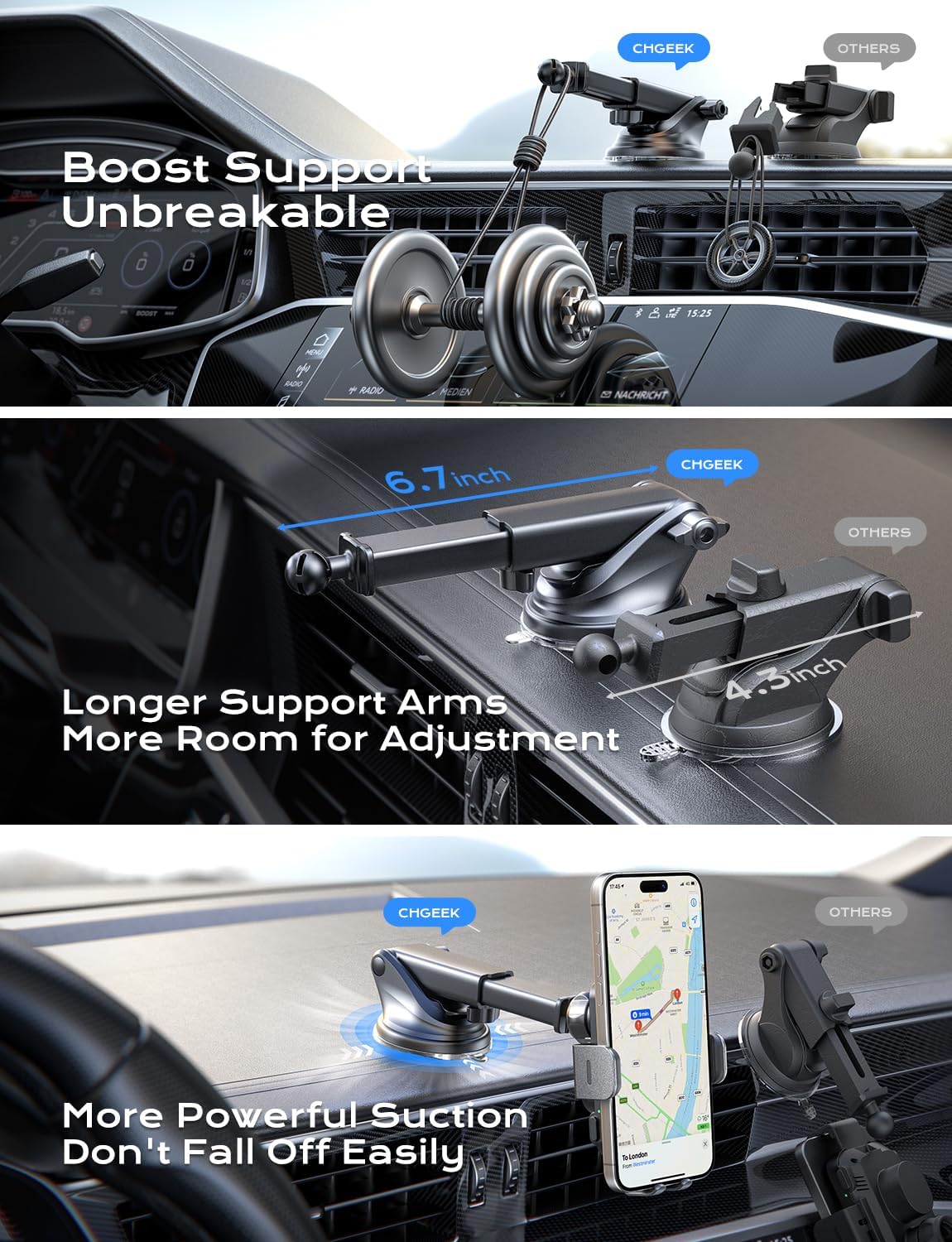 CHGeek Wireless Car Charger, 15W Fast Charging Auto Clamping Phone Holders for Your Car Phone Mount for Car fit for iPhone 17 16 15 14 13 12 Pro Max 11 XR XS, Samsung Galaxy S25 Ultra S24 S23, Black