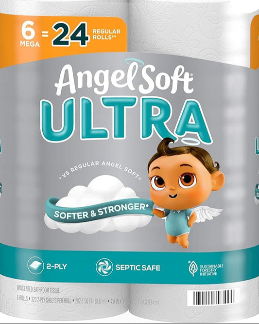 Angel Soft Ultra Toilet Paper, 6 Mega Rolls = 24 Regular Rolls, 2 Ply Toilet Tissue