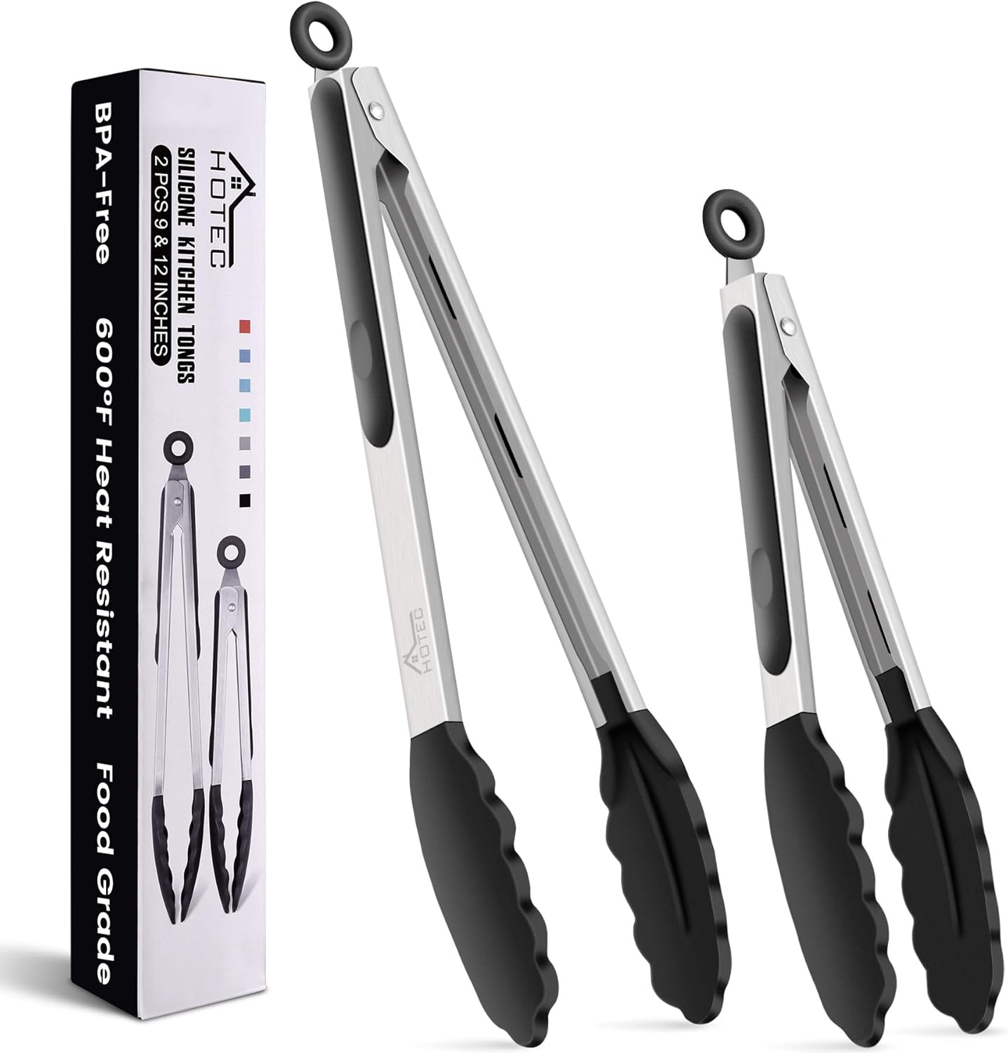 HOTEC Premium Stainless Steel Locking Kitchen Tongs with Silicon Tips, Set of 2-9" and 12"
