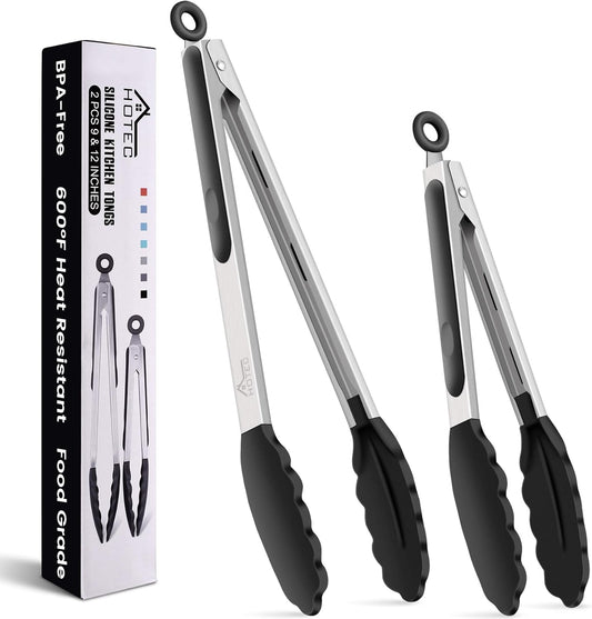 HOTEC Premium Stainless Steel Locking Kitchen Tongs with Silicon Tips, Set of 2-9" and 12"