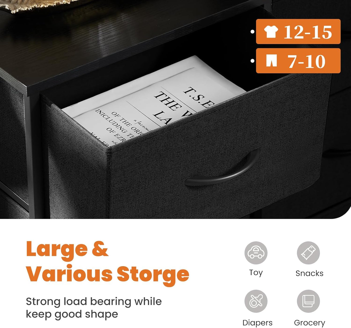 Sweetcrispy Dresser, Dresser for Bedroom Drawer Organizer Storage Drawers, Fabric Storage Tower with 8 Drawers, Chest of Drawers with Steel Frame, Wood Top for Nursery, Living Room, Closet