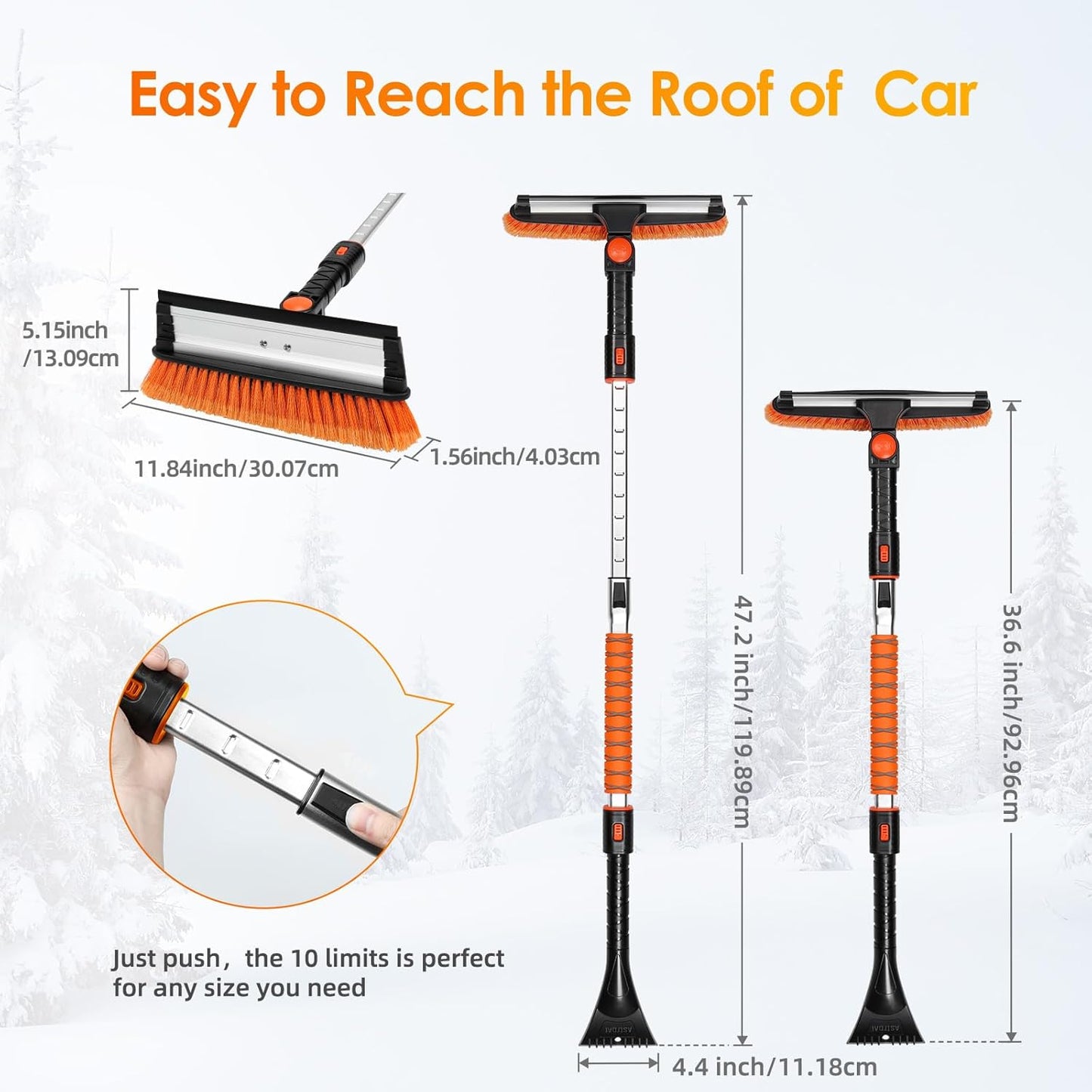AstroAI 47.2" Ice Scrapers for Car Windshield, 3 in 1 Sturdy Snow Brush with Squeegee, 10 Adjustable Length Settings, Extendable Aluminum Handle, 180° Pivoting Snow Scraper for Car, Truck, SUV(Orange)