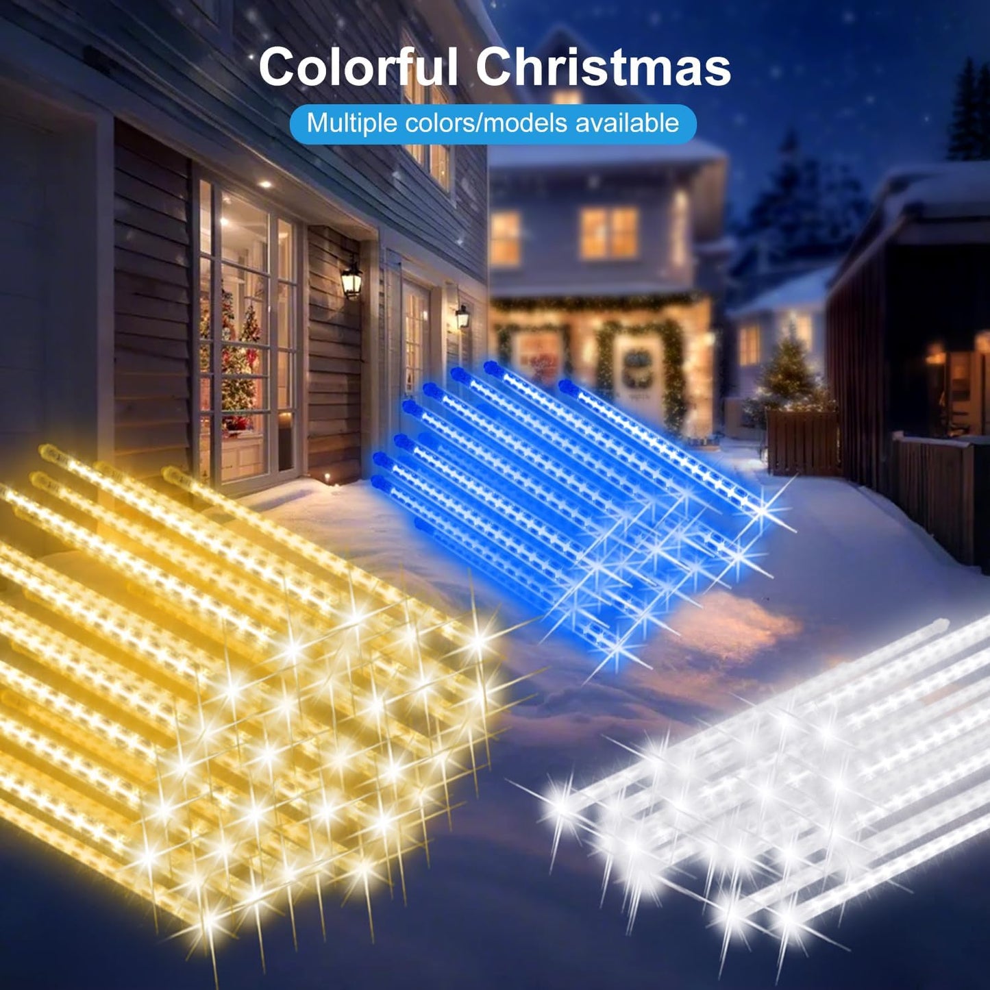 PEMOTech Christmas Lights Outdoor,16 Tubes 16 Inch 576 LED Meteor Shower Lights, Waterproof Christmas Decorations Icicle Light for Xmas Tree Halloween Party, Ul Plug,Cool White